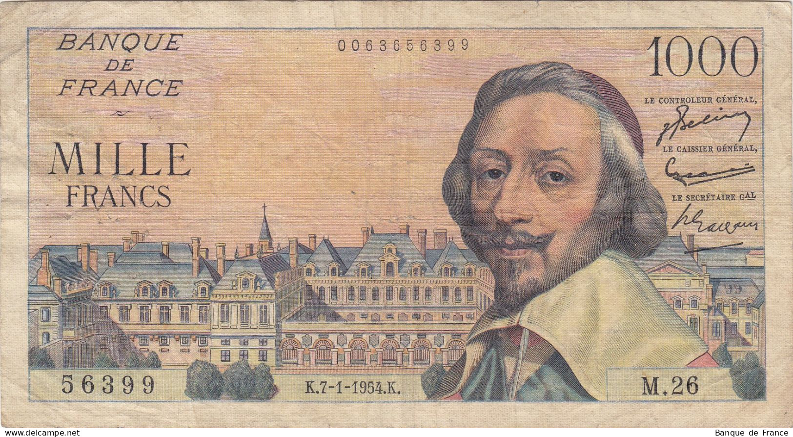 Billet 1000 F Richelieu Du 7-1-1954 FAY 42.04 Alph. M.26 - 1 000 F 1953-1957 ''Richelieu''