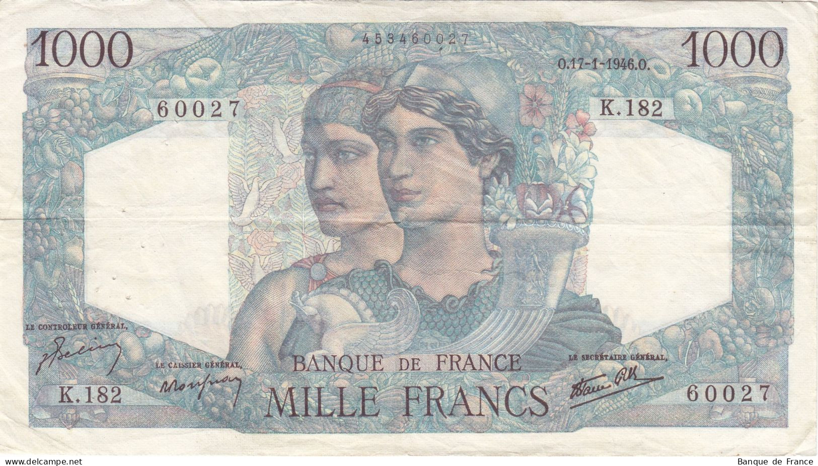 Billet 1000 F Minerve Et Hercule Du 17-1-1946 FAY 41.10 Alph. K.182 - 1 000 F 1945-1950 ''Minerve Et Hercule''