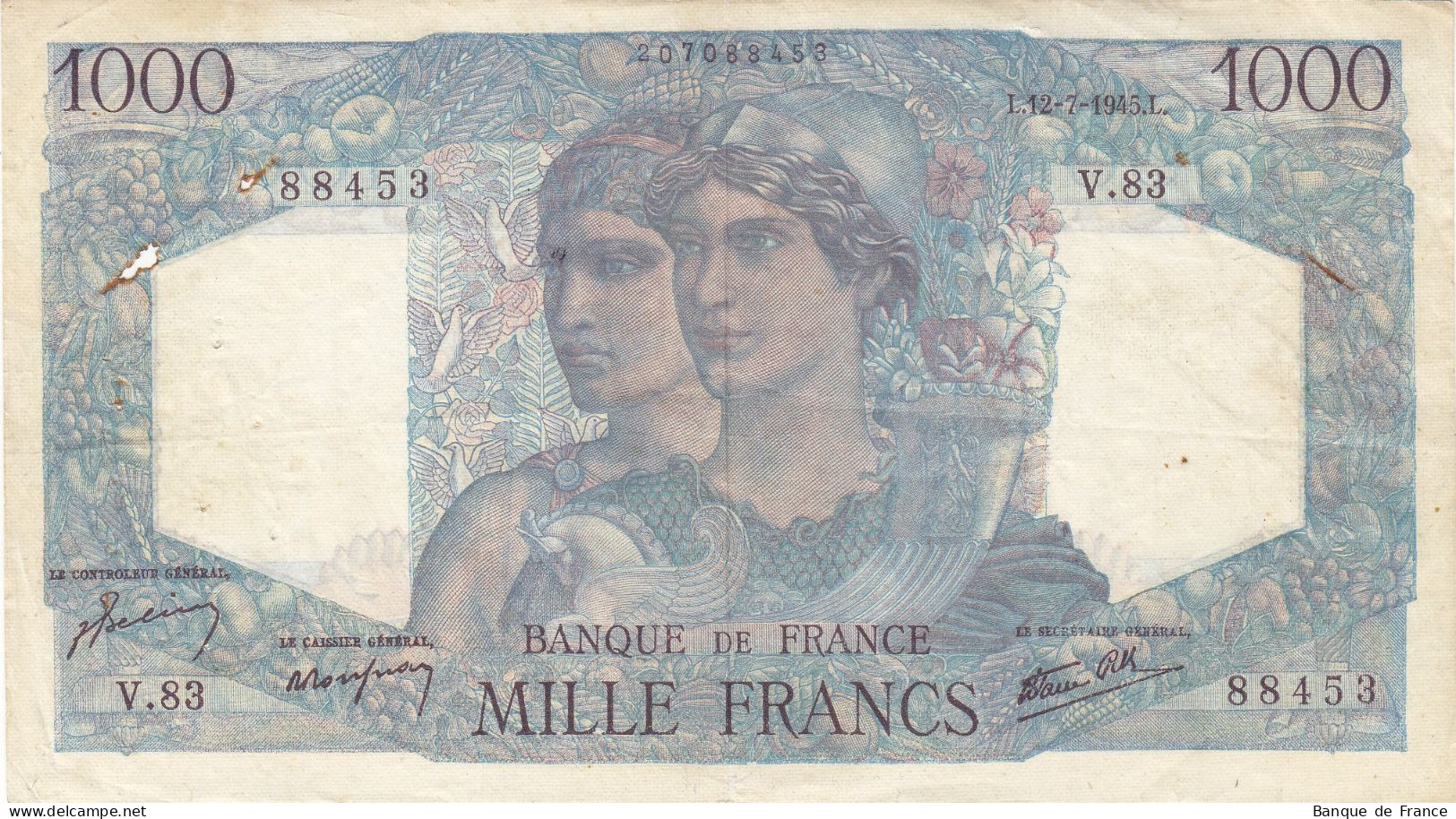 Billet 1000 F Minerve Et Hercule Du 12-7-1945 FAY 41.06 Alph. V.83 - 1 000 F 1945-1950 ''Minerve Et Hercule''