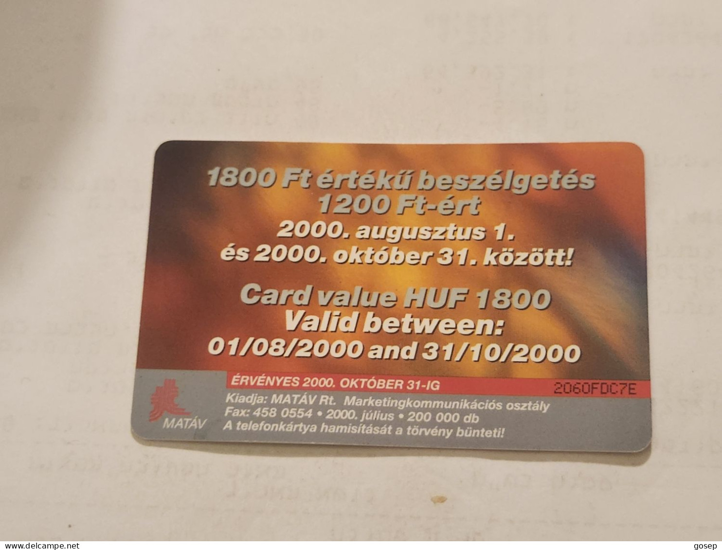 HUNGARY-(HU-P-2000-30)-os, Aug-okt-(207)(1200Ft)(2060FDC7E)(tirage-200.000)USED CARD+1card Prepiad Free - Hungary