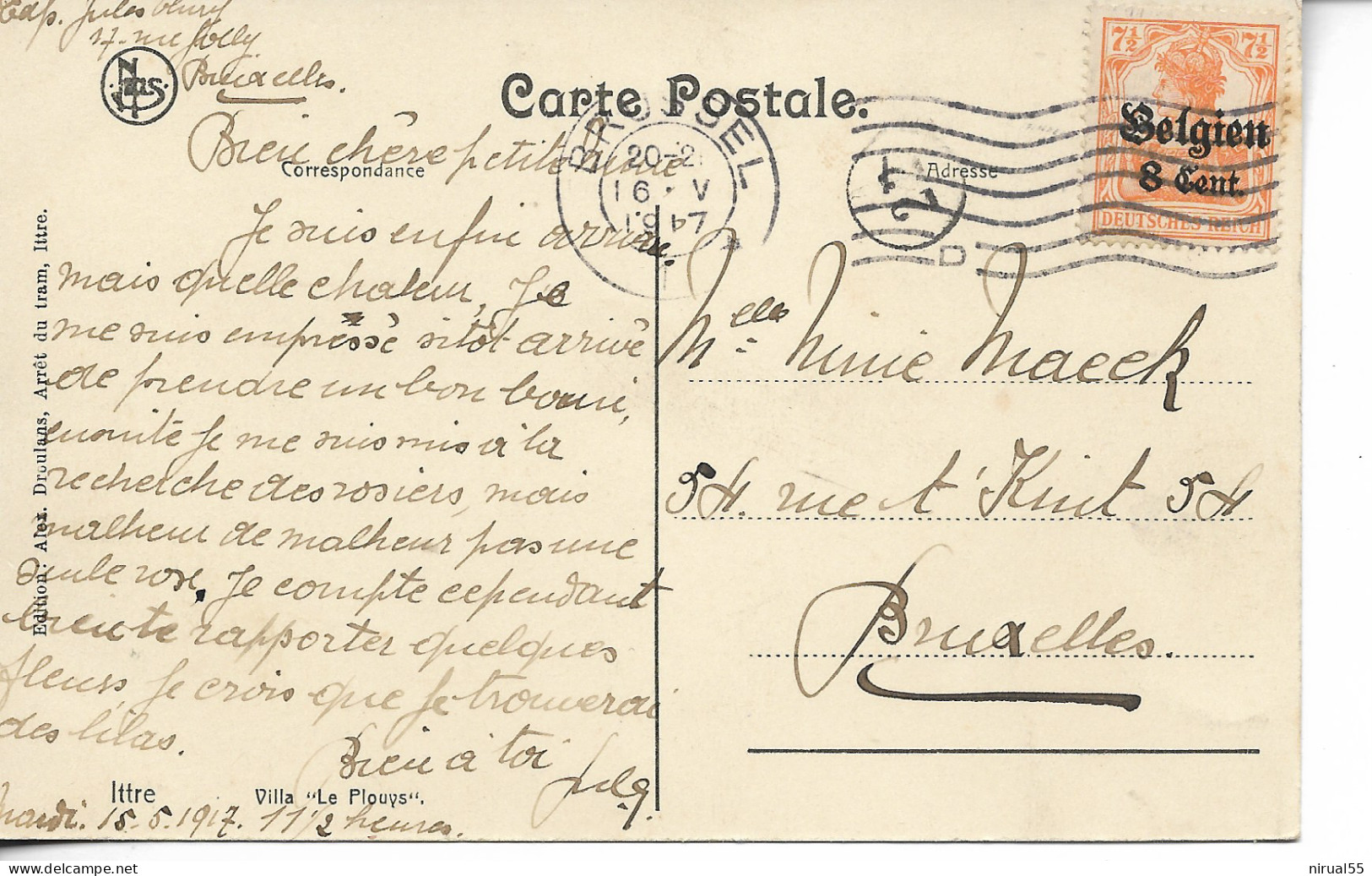 ITTRE Villa Le Plouys Verso Timbre 8 Cent Belgien 1917   ..G - Ittre