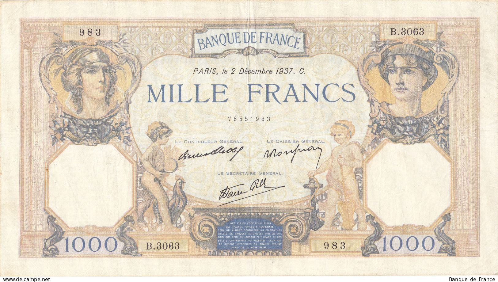 Billet 1000 F Cérès Et Mercure Du 2-12-1937 FAY 38.05 Alph. B.3063 - 1 000 F 1927-1940 ''Cérès Et Mercure''