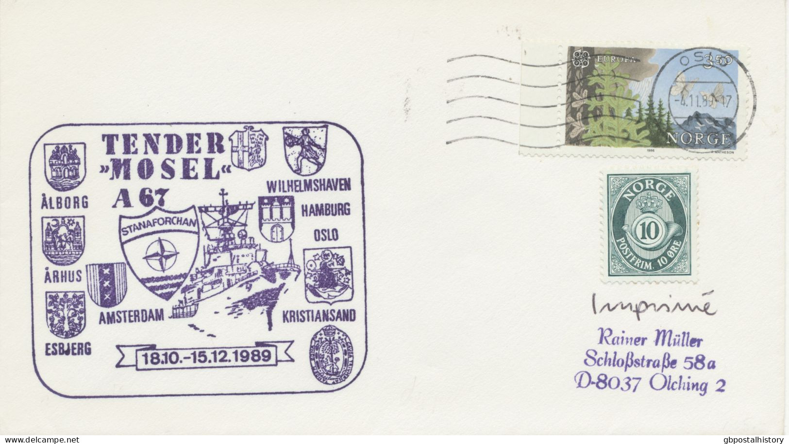 NORWEGEN 1984, Schiffspostbrief Der Tender „MOSEL“ Des 5. Minensuchgeschwaders Von „OSLO“ Nach „OLCHING“, Deutschland - Storia Postale