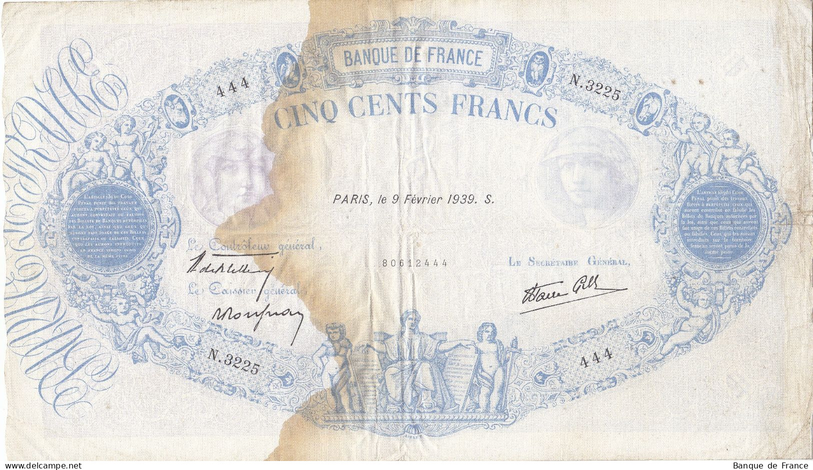 Billet 500 F Bleu Et Rose Du 9-2-1939 FAY 31.25 Alph. N.3225 - 1 Seul épinglage - 500 F 1888-1940 ''Bleu Et Rose''