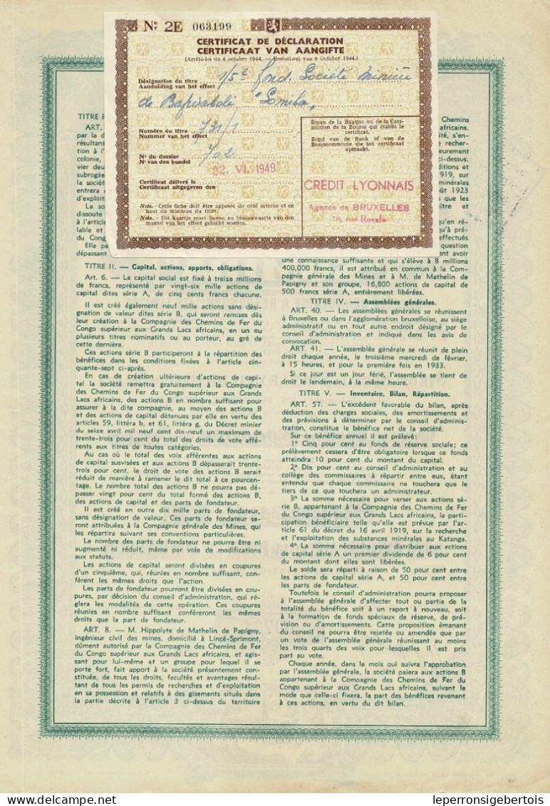 Titre De 1933 - Société Minière De Bafwaboli - SOMIBA - Sté Congolaise à Responsabilité Limitée - - Afrika