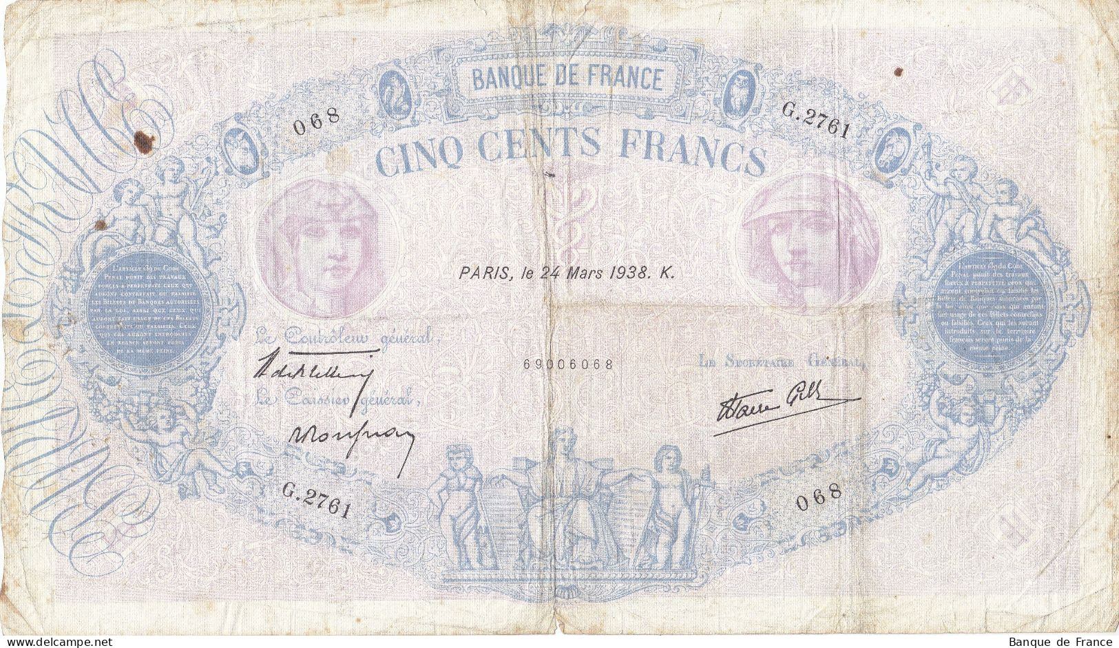 Billet 500 F Bleu Et Rose Du 24-3-1938 FAY 31.06 Alph. G.2761 - 500 F 1888-1940 ''Bleu Et Rose''
