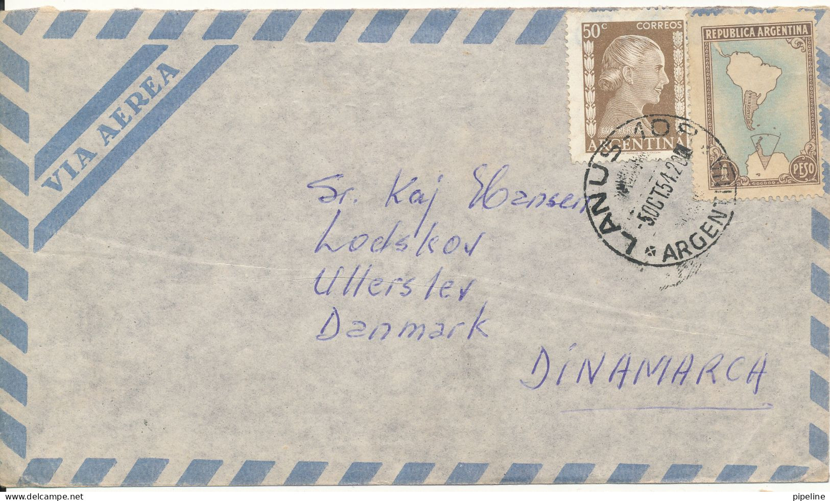 Argentina Air Mail Cover Sent To Denmark 5-10-1954 - Covers & Documents