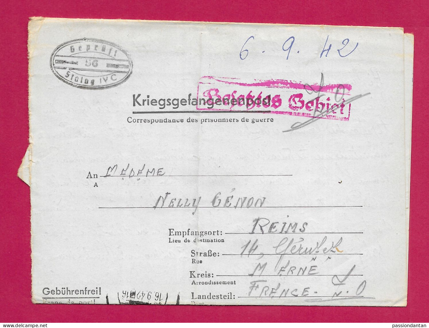 Écrit D'un Prisonnier De Guerre Daté Du 6 Septembre 1942 - Voyagé Du Stalag IV-C Vers Reims En France - Prisoners Of War Mail