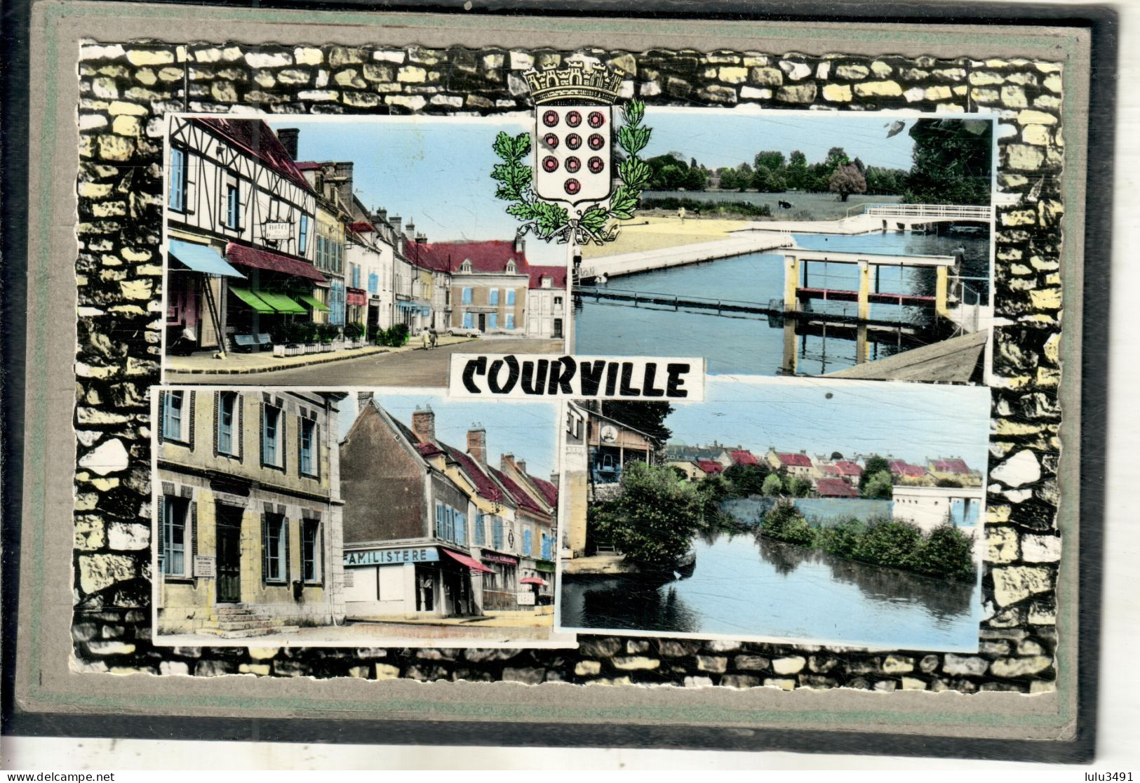 CPSM Dentelée - COURVILLE (28) - Dans Un Cadre De Mur En Pierres Sèches Et Blason, Une Carte Multi-vues Des Années 60 - Courville