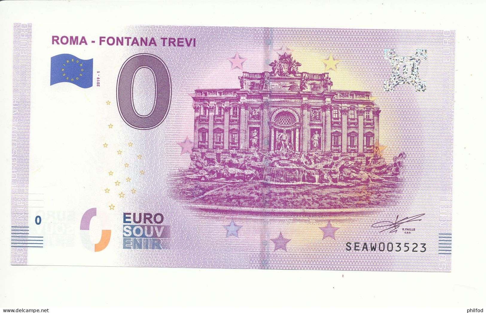 Billet Touristique 0 Euro - ROMA - FONTANA TREVI - SEAW - 2019-1 - N° 3523 - Billet épuisé - Altri & Non Classificati