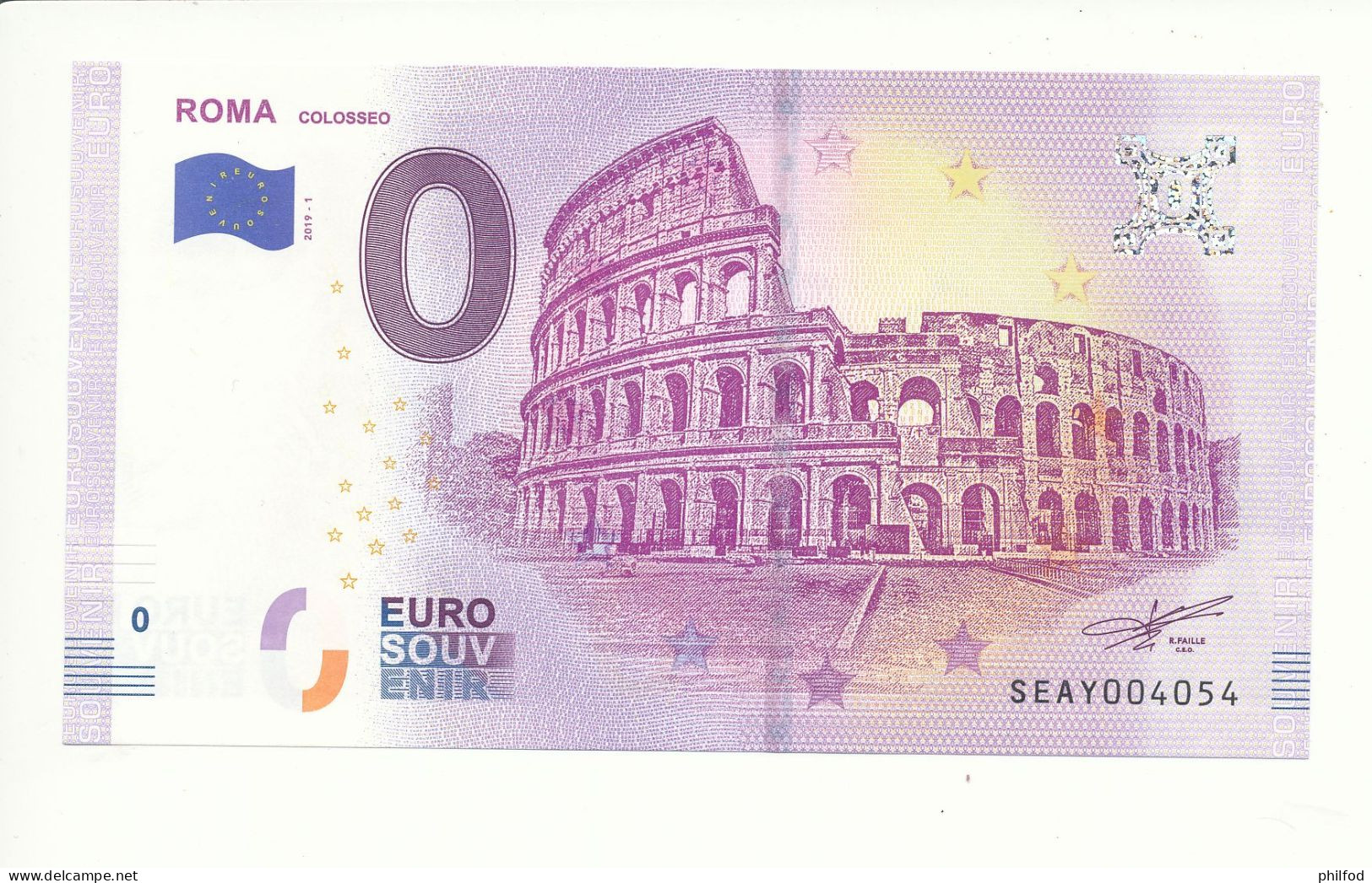 Billet Touristique 0 Euro - ROMA COLOSSEO - SEAY - 2019-1 - N° 4054 - Billet épuisé - Altri & Non Classificati