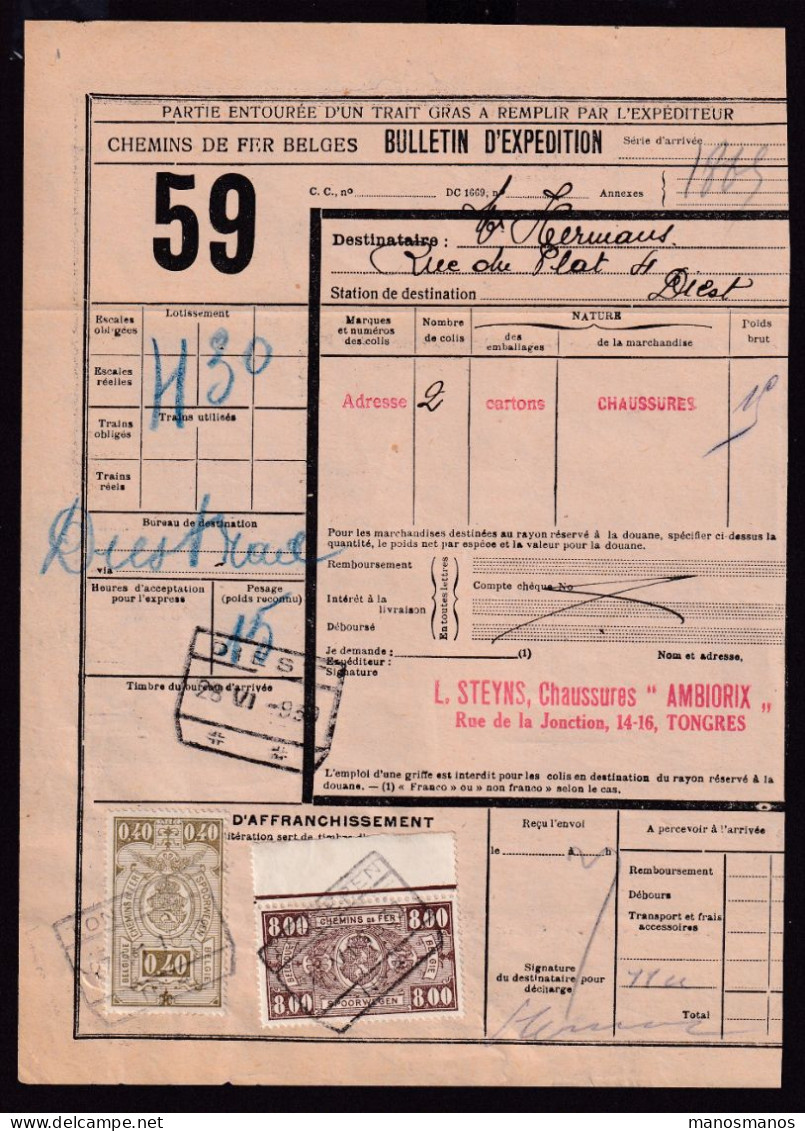 DDFF 572 - Timbres Chemin De Fer S/ Bulletin D'Expédition - Gare De TONGEREN 1939 - L. Steyns, Chaussures AMBIORIX - Documenten & Fragmenten