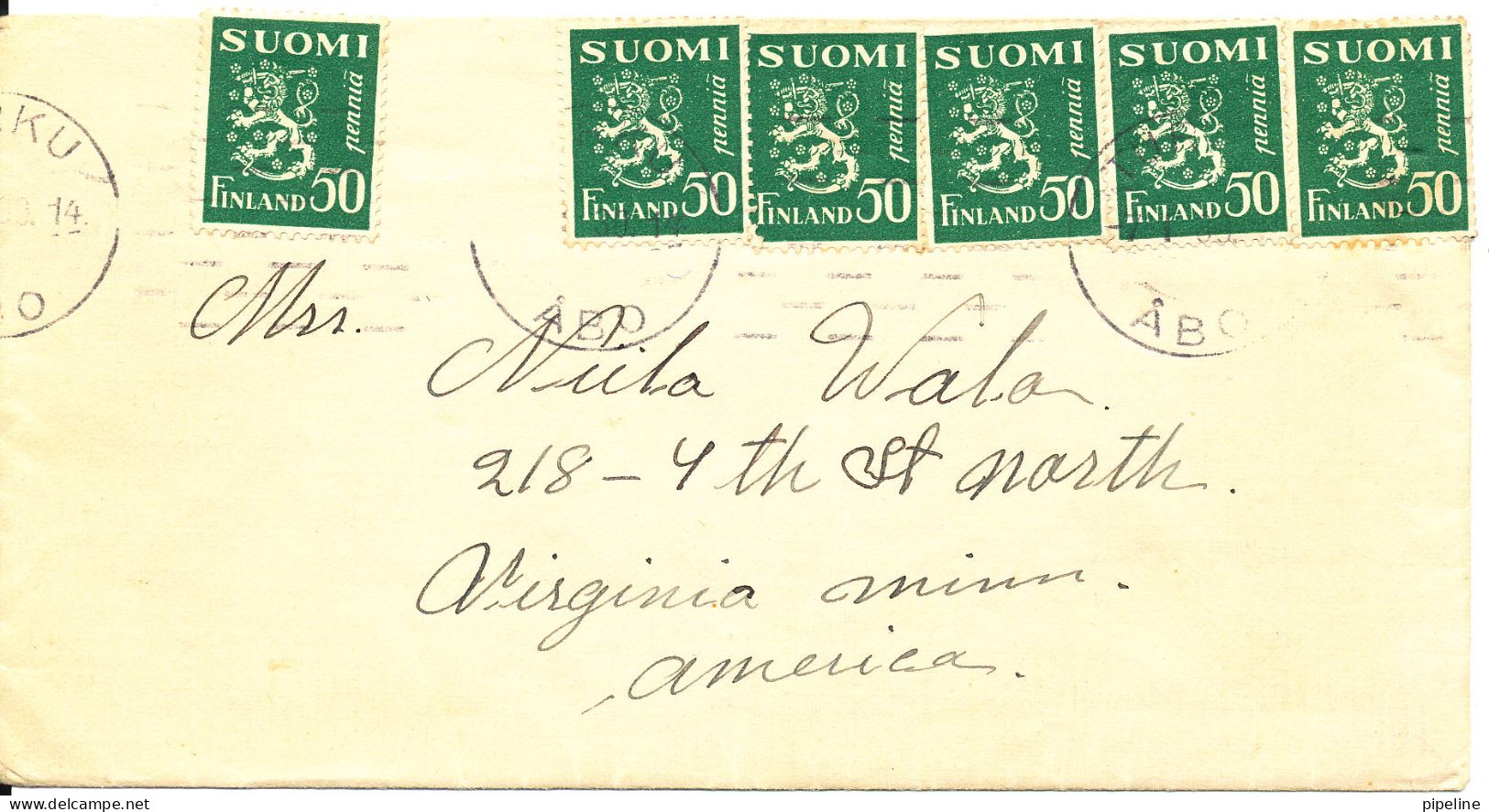 Finland Cover Sent To USA Abo 7-1-1939 Lion Type Stamps (a Stamp Must Be Missing) - Briefe U. Dokumente