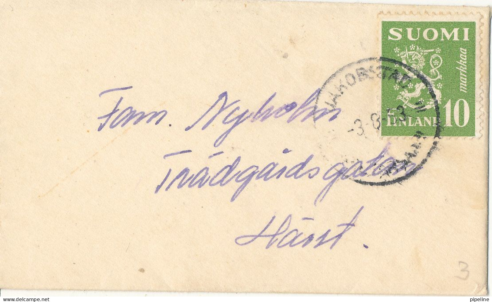 Finland Very Small Cover Jacobstad 3-8-1953 Size 5½ X 9½ Cm. Single Franked Lion Type - Brieven En Documenten