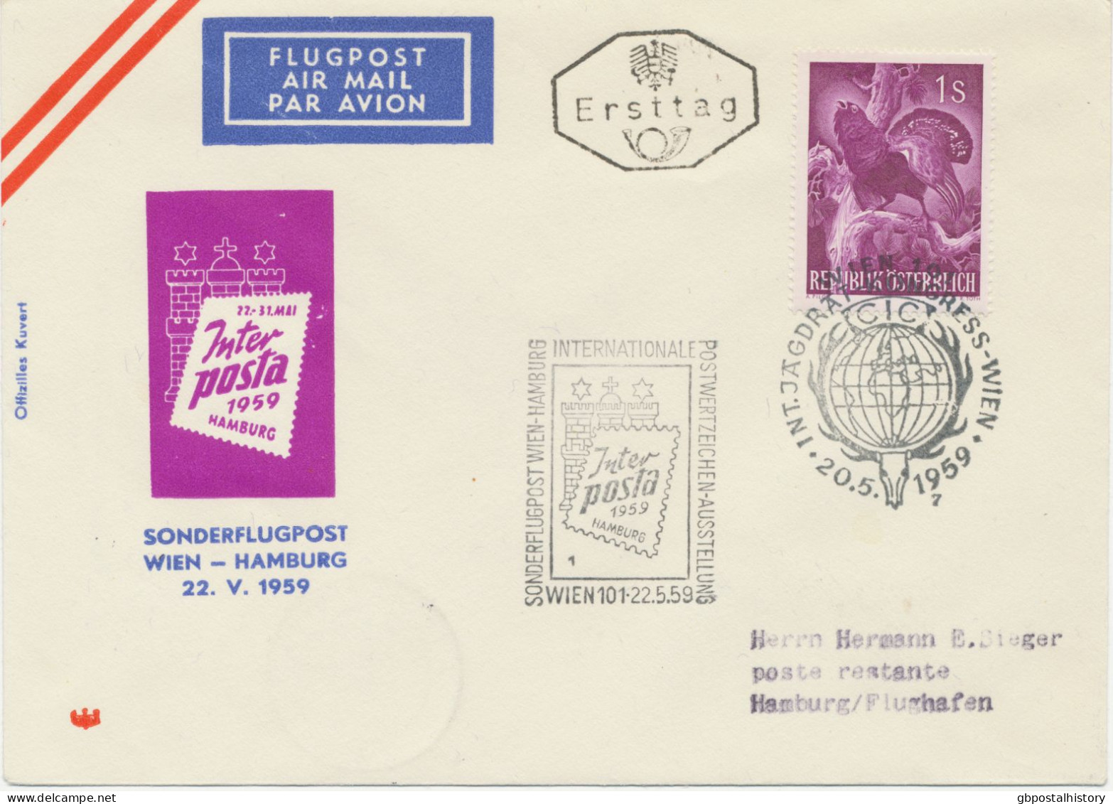 ÖSTERREICH 1959 1 S. Int. Jagdrat-Kongress FDC M. Zusatzfrankatur Als Seltene Sonderflug „WIEN – HAMBURG“ Zur INTERPOSTA - Primeros Vuelos