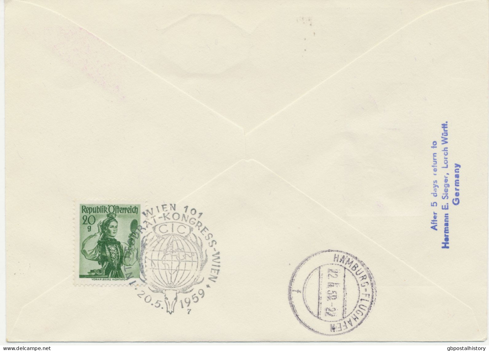 ÖSTERREICH 1959 1 S. Int. Jagdrat-Kongress FDC M. Zusatzfrankatur Als Seltene Sonderflug „WIEN – HAMBURG“ Zur INTERPOSTA - Primi Voli