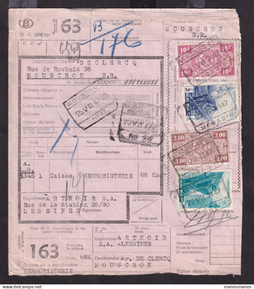 DDFF 576 - Timbre Chemin De Fer S/ Bulletin D'Expédition - Gare De LESSINES 1947 - S.A. Artnoir , Herboristerie - Dokumente & Fragmente