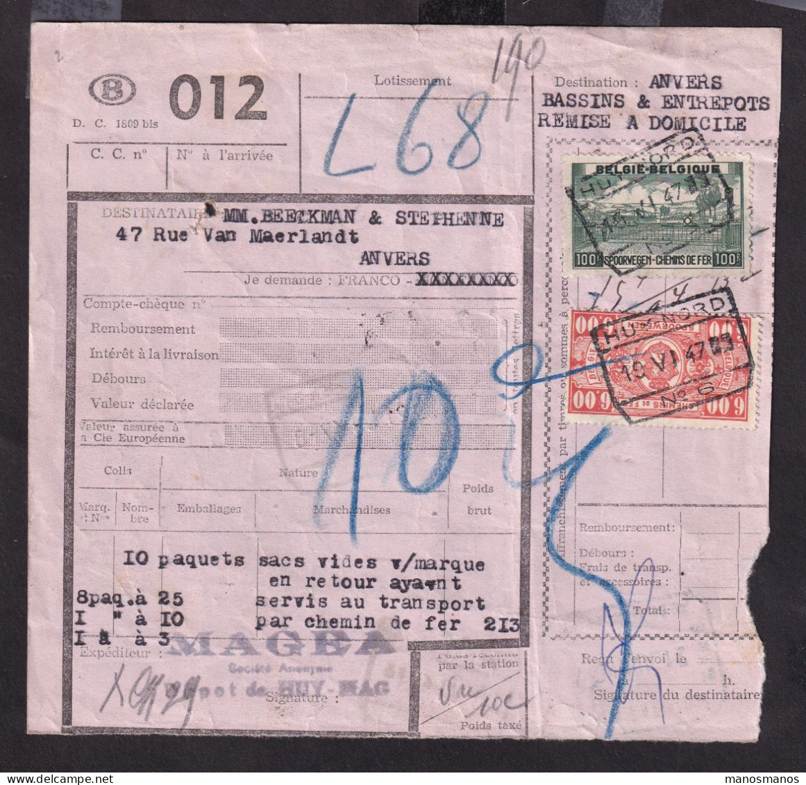 DDFF 577 - Timbre Chemin De Fer S/ Bulletin D'Expédition - Gare De HUY NORD 1947 - S.A. Magea , Dépot De HUY - Documenten & Fragmenten