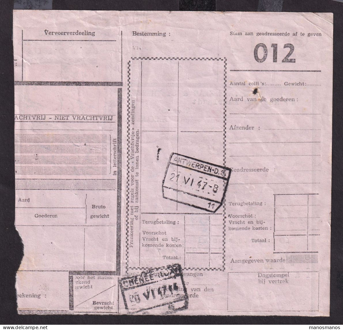 DDFF 577 - Timbre Chemin De Fer S/ Bulletin D'Expédition - Gare De HUY NORD 1947 - S.A. Magea , Dépot De HUY - Documenti & Frammenti