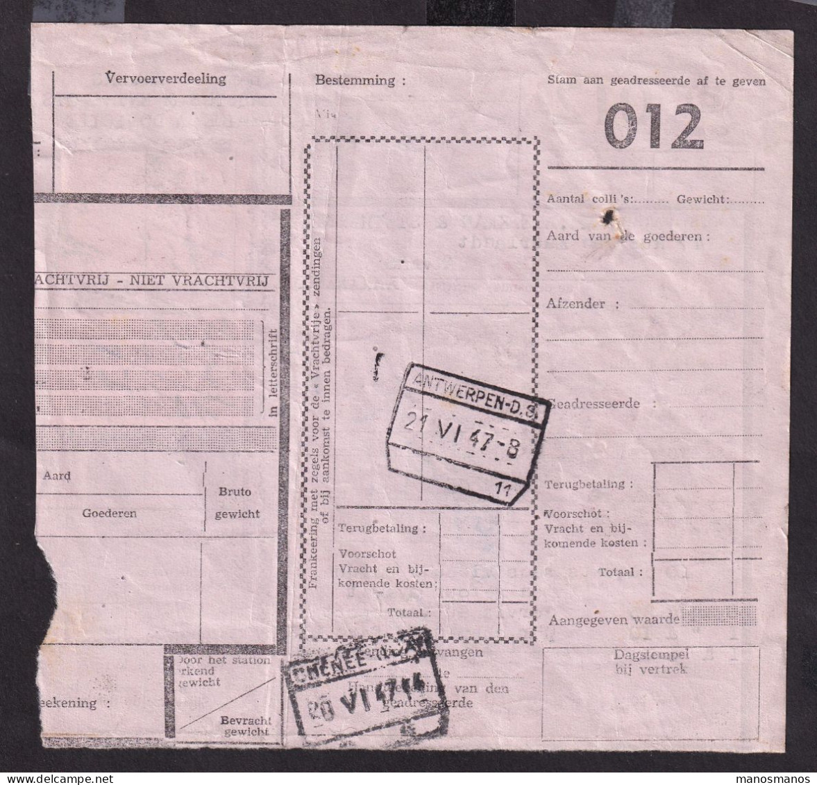 DDFF 577 - Timbre Chemin De Fer S/ Bulletin D'Expédition - Gare De HUY NORD 1947 - S.A. Magea , Dépot De HUY - Documenten & Fragmenten
