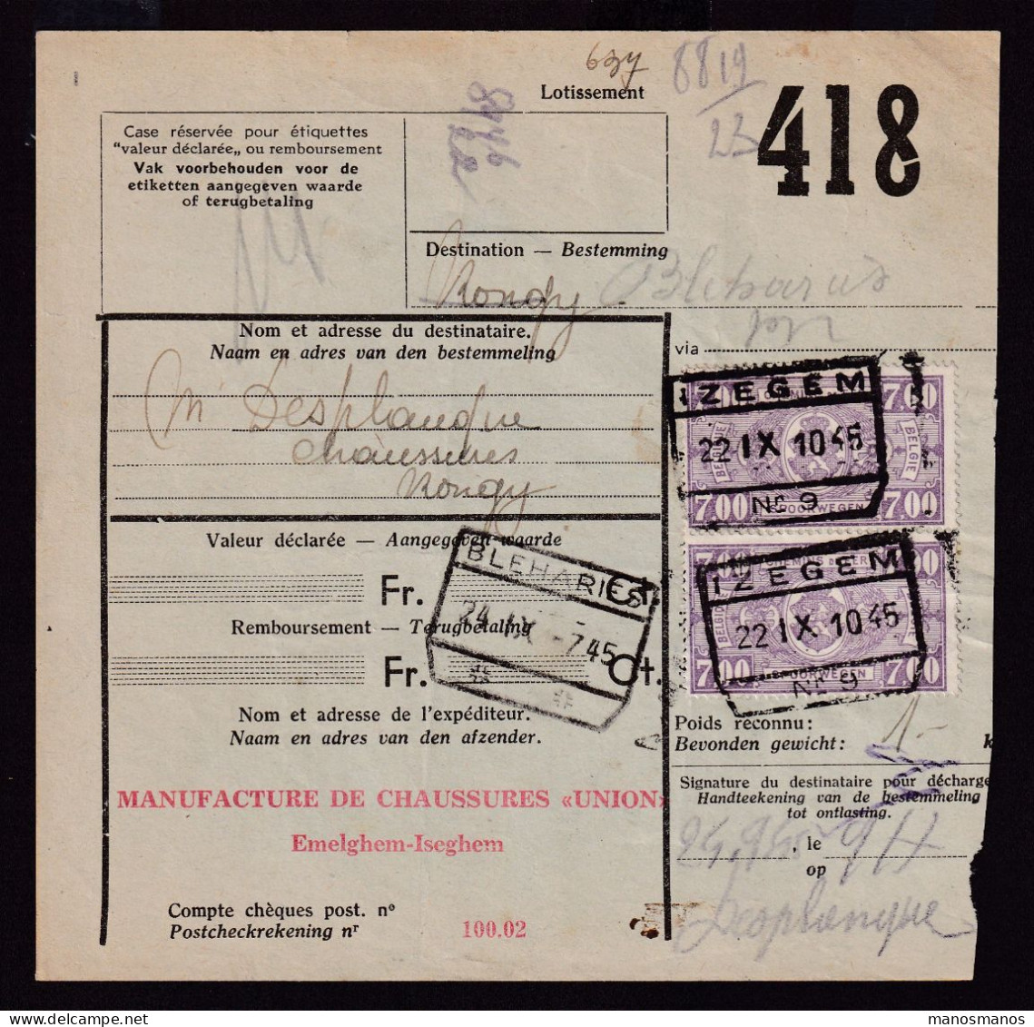 DDFF 578 - Timbre Chemin De Fer S/ Bulletin D'Expédition - Gare De IZEGEM 1945 - Chaussures Union à EMELGHEM - Documents & Fragments