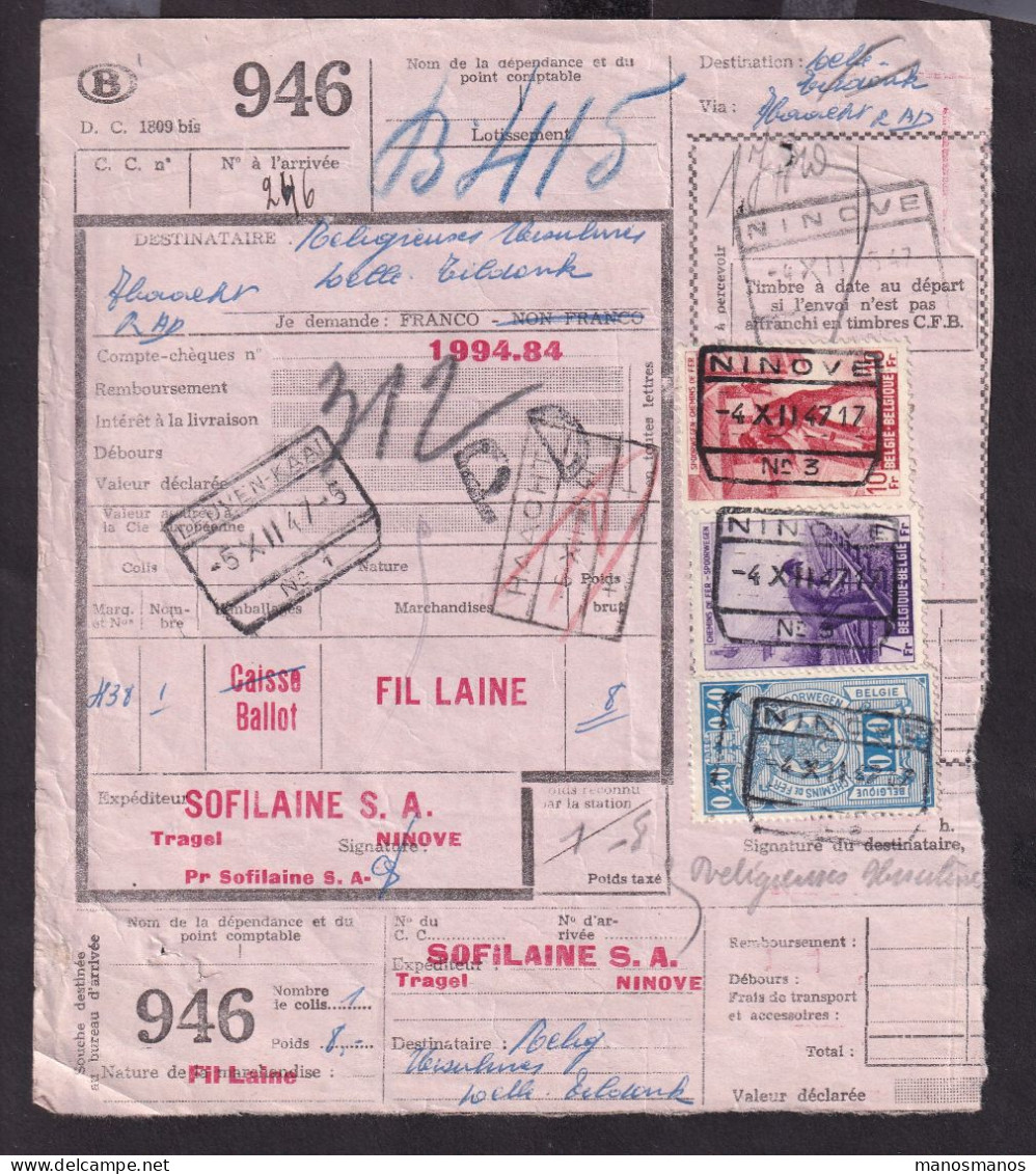 DDFF 579 - Timbres Chemin De Fer S/ Bulletin D'Expédition - Gare De NINOVE 1947 - S.A. SOFILAINE - Documenten & Fragmenten