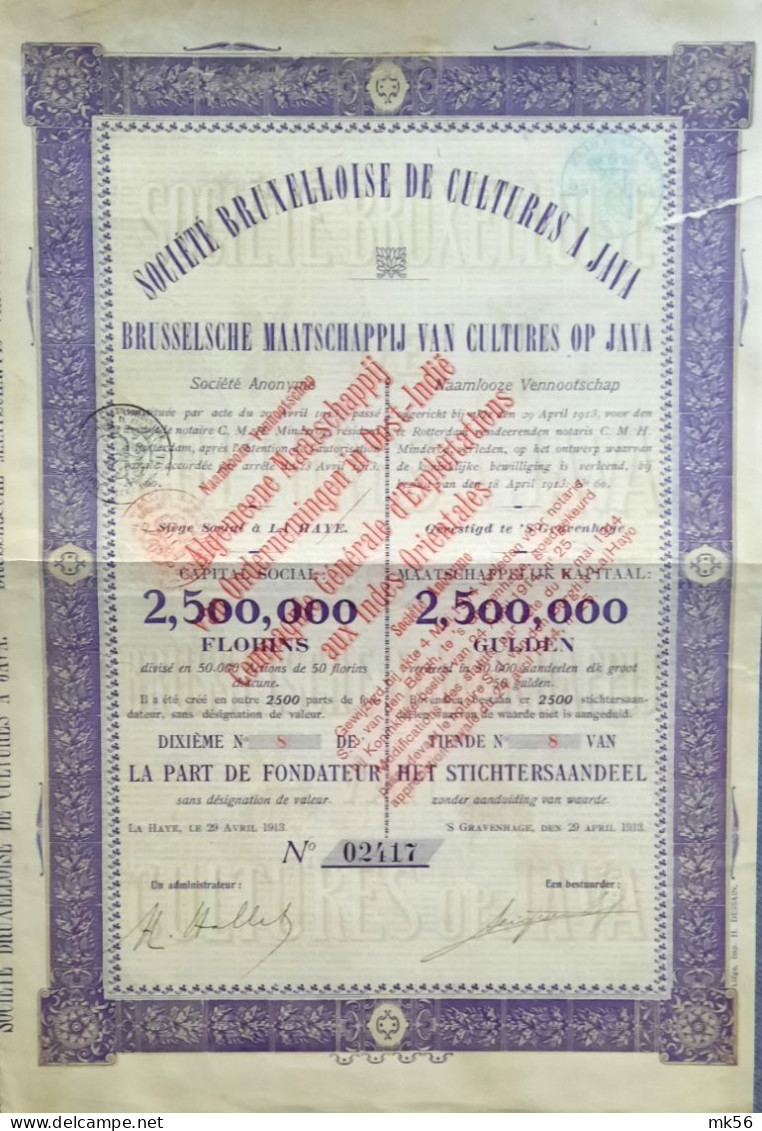 Société Bruxelloise De Cultures à Java - La Haye - 1913 - Part De Fondateur - Agriculture