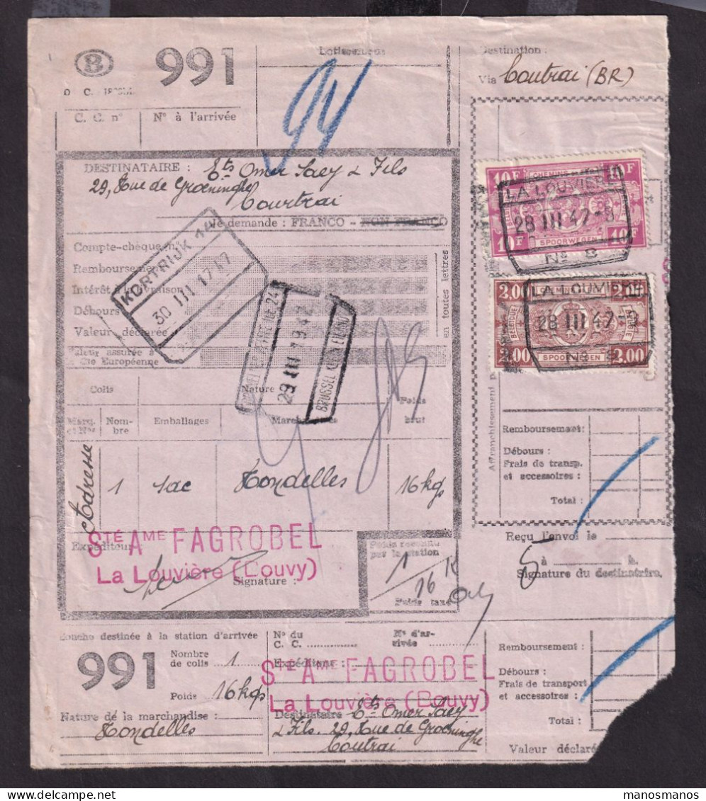 DDFF 580 - Timbres Chemin De Fer S/ Bulletin D'Expédition - Gare De LA LOUVIERE 1947 - S.A. FAGROBEL à BOUVY - Documenten & Fragmenten