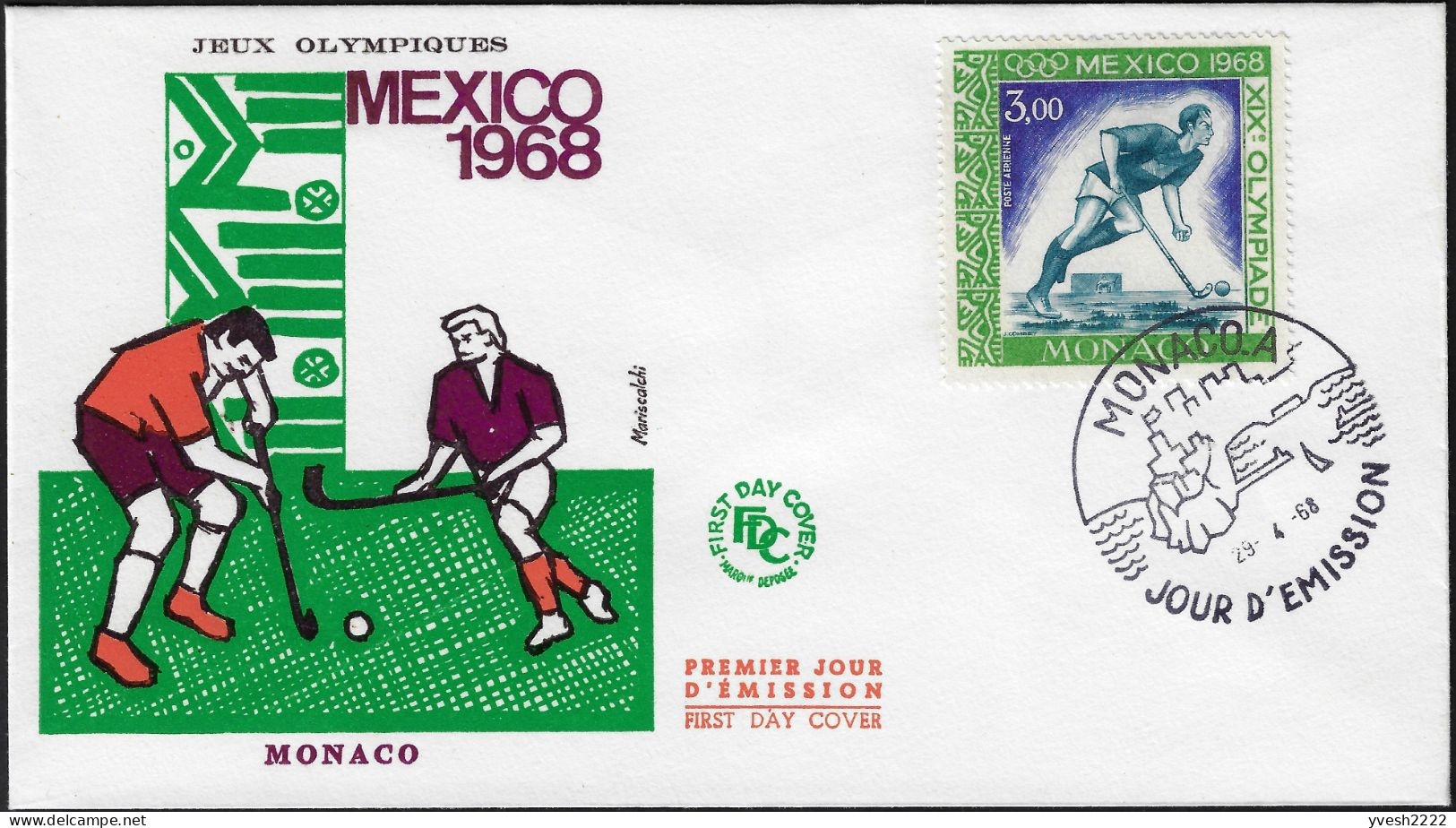 Monaco 1968 Y&T PA 92 Sur FDC. Jeux Olympiques De Mexico, Hockey Sur Gazon - Rasenhockey