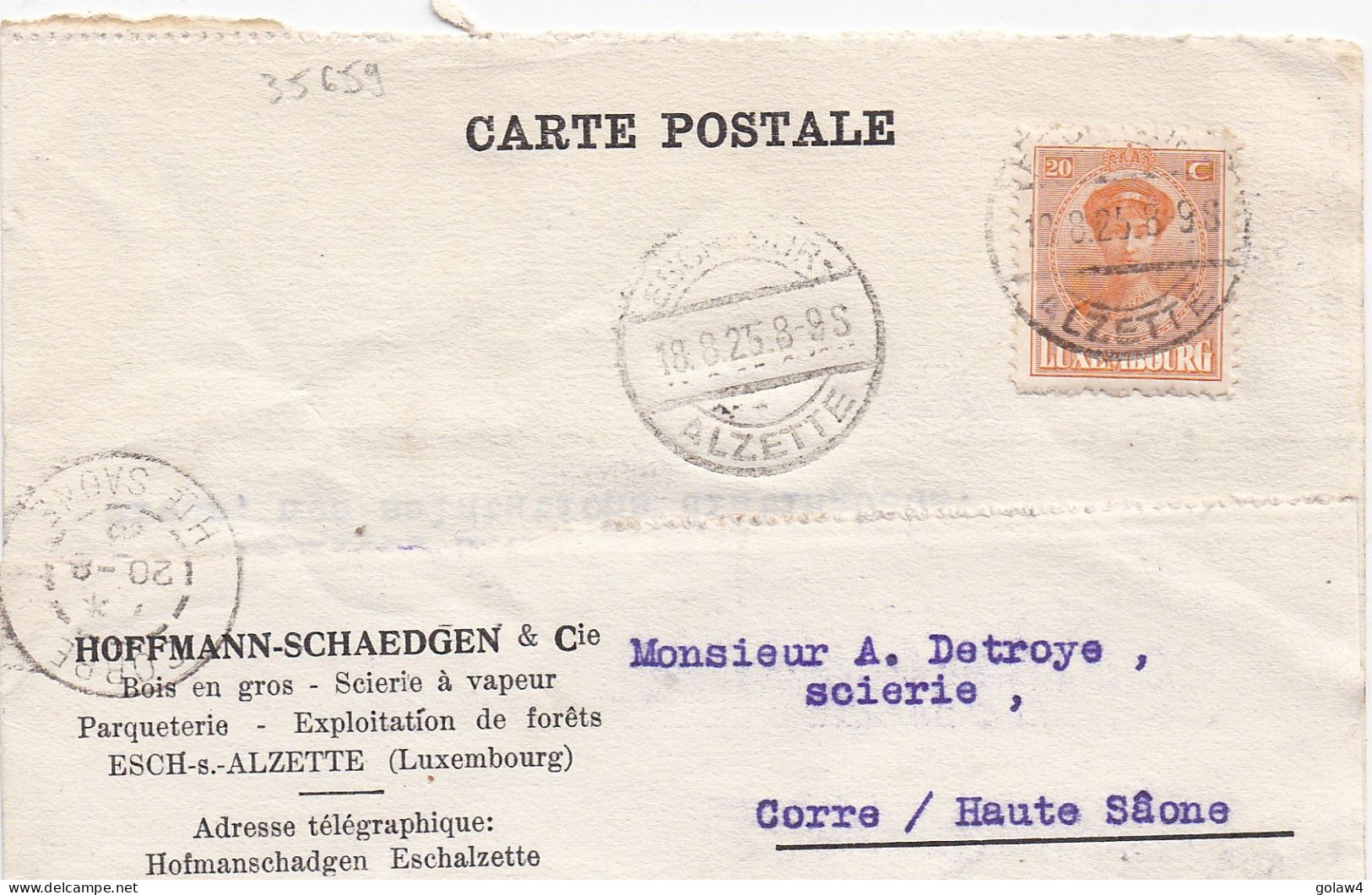 35659# GRANDE DUCHESSE CHARLOTTE CARTE POSTALE HOFFMANN SHAEDGEN Obl ESCH SUR ALZETTE 1925 Pour CORRE HAUTE SAONE - Briefe U. Dokumente