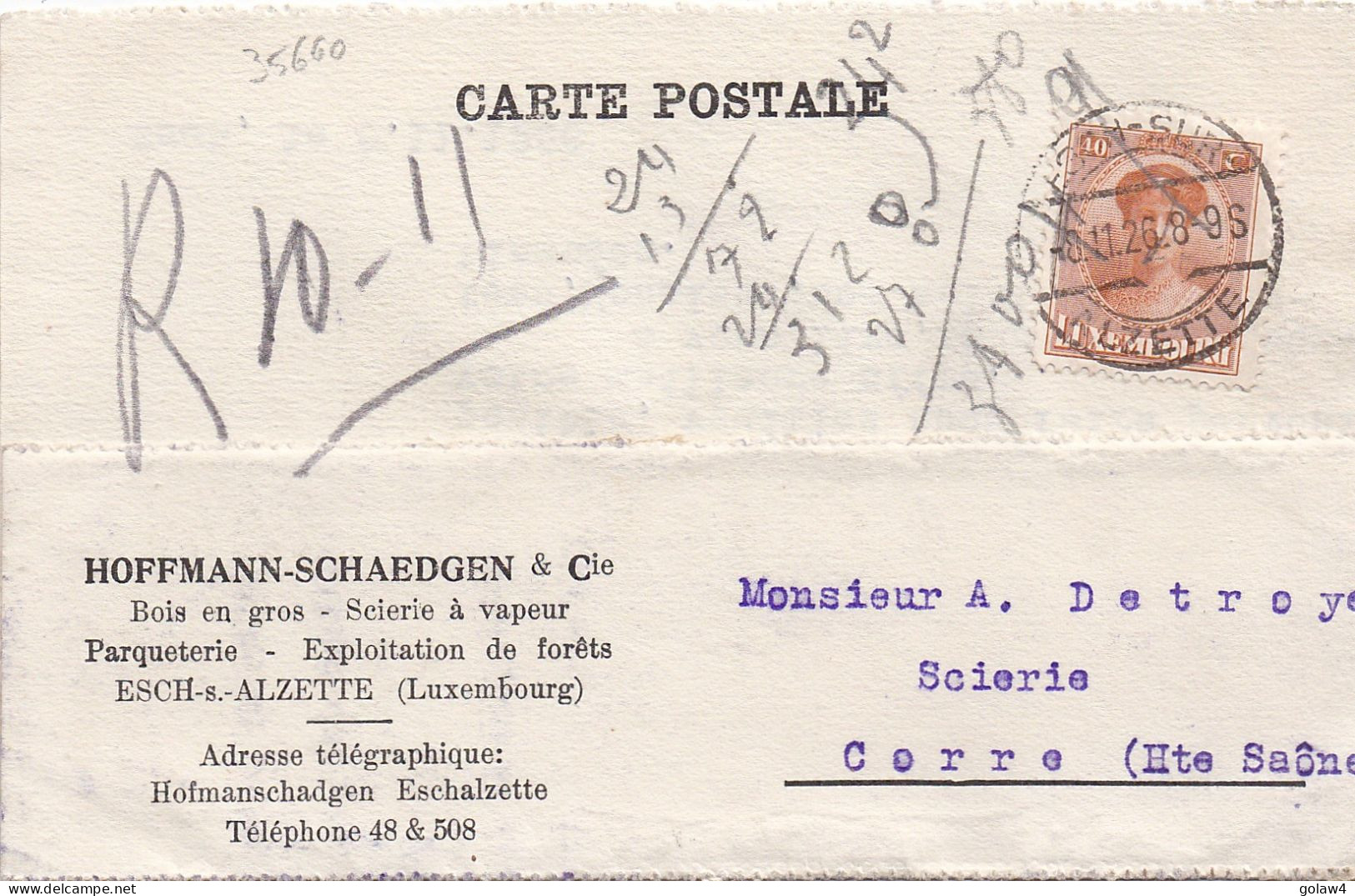 35660# GRANDE DUCHESSE CHARLOTTE CARTE POSTALE HOFFMANN SHAEDGEN Obl ESCH SUR ALZETTE 1926 Pour CORRE HAUTE SAONE - Brieven En Documenten