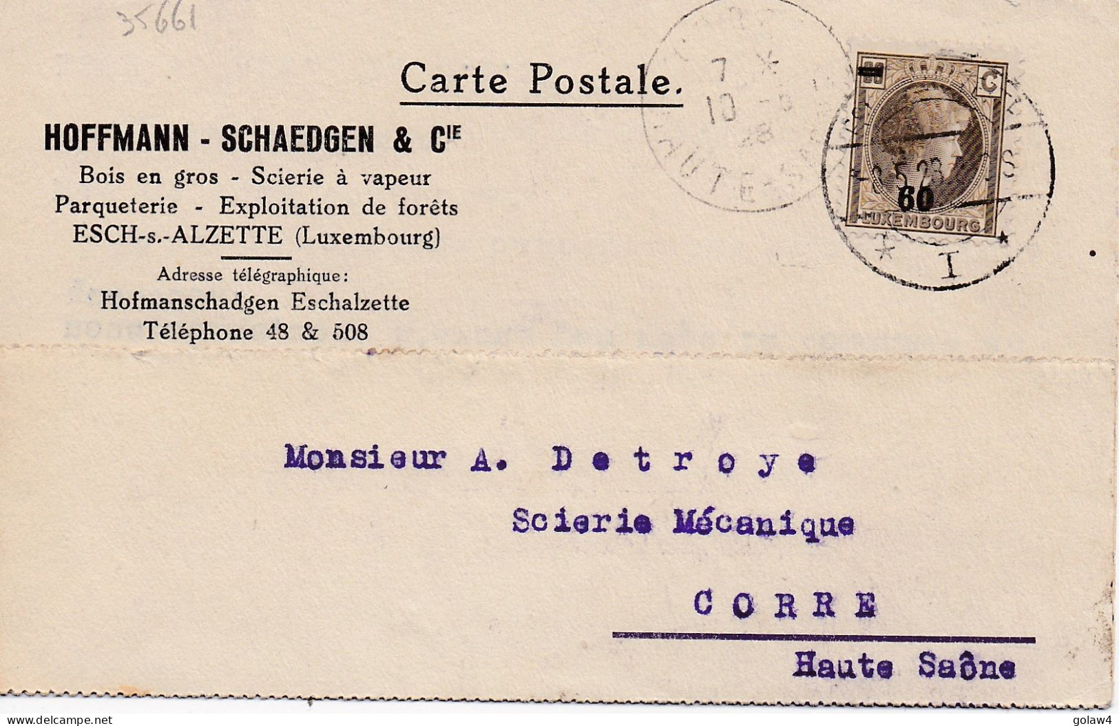 35661# GRANDE DUCHESSE CHARLOTTE CARTE POSTALE HOFFMANN SHAEDGEN Obl ESCH SUR ALZETTE 1928 Pour CORRE HAUTE SAONE - Brieven En Documenten