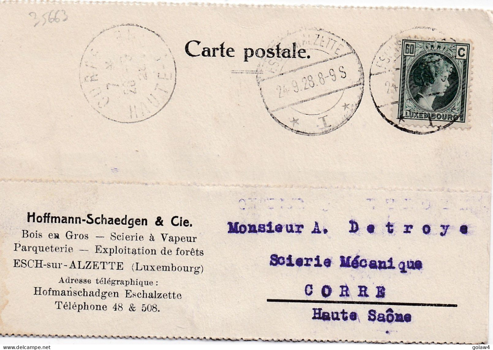 35663# GRANDE DUCHESSE CHARLOTTE CARTE POSTALE HOFFMANN SHAEDGEN Obl ESCH SUR ALZETTE 1928 Pour CORRE HAUTE SAONE - Covers & Documents