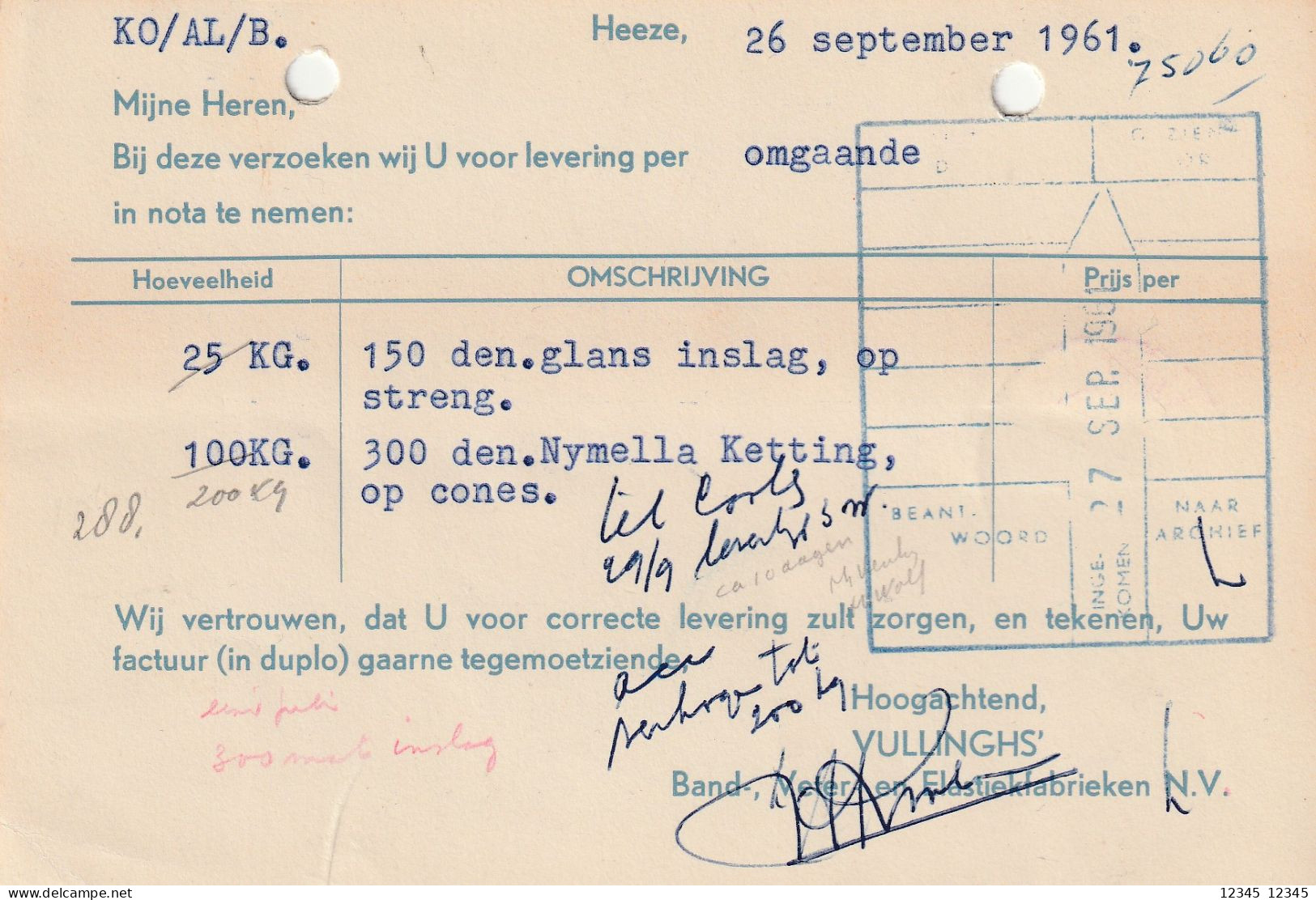 Nederland 1961, Vullinghs, Band-, Veter-  En Elastiekfabrieken N.V., Heeze - Brieven En Documenten