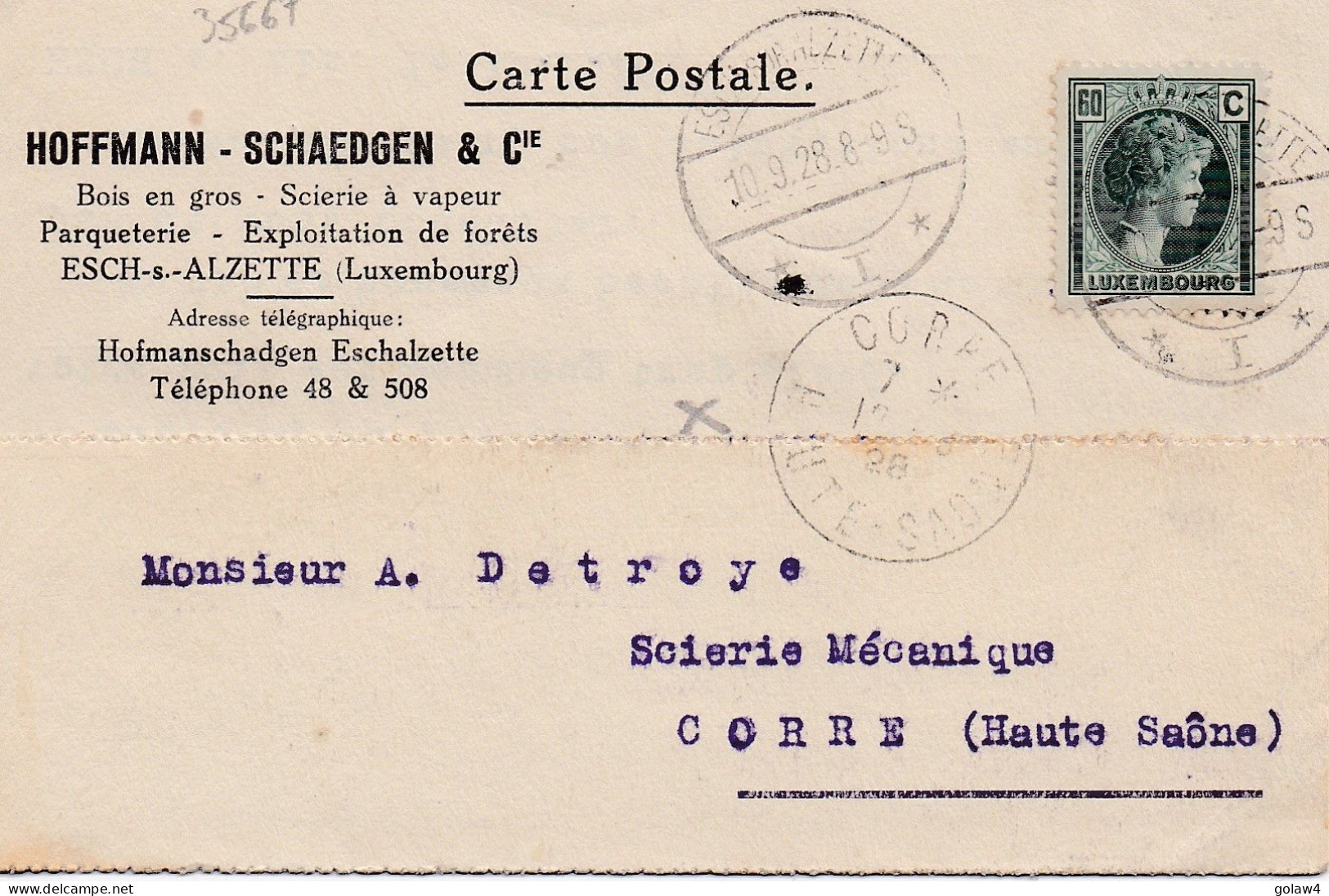 35667# GRANDE DUCHESSE CHARLOTTE CARTE POSTALE HOFFMANN SHAEDGEN Obl ESCH SUR ALZETTE 1928 Pour CORRE HAUTE SAONE - Lettres & Documents