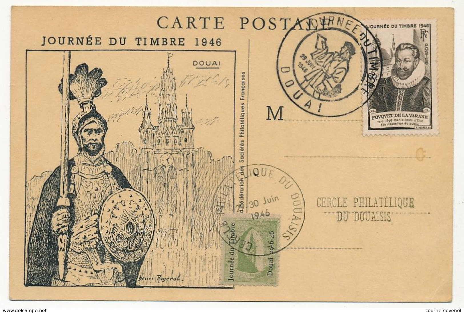 FRANCE => DOUAI - Carte Locale "Journée Du Timbre" 1946 Timbre Fouquet De La Varane + Vignette Locale - Covers & Documents