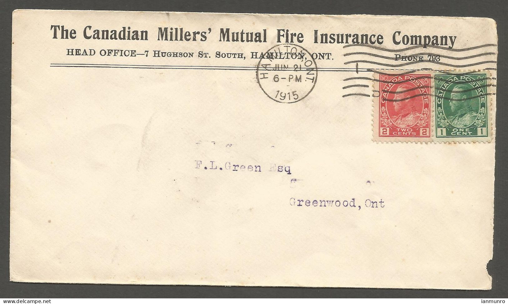 1915 Canadian Miller's Fire Insurance Advertising Cover 3c Admirals Hamilton Ontario - Postgeschichte