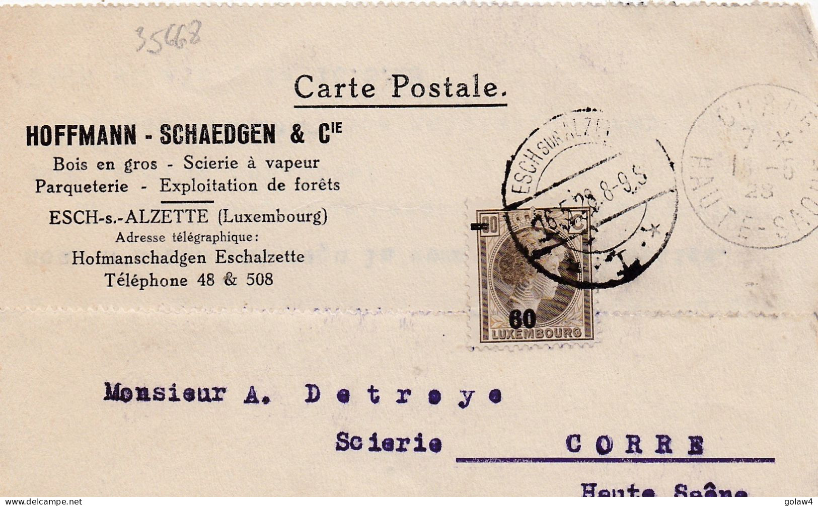 35668# GRANDE DUCHESSE CHARLOTTE CARTE POSTALE HOFFMANN SHAEDGEN Obl ESCH SUR ALZETTE 1928 Pour CORRE HAUTE SAONE - Storia Postale