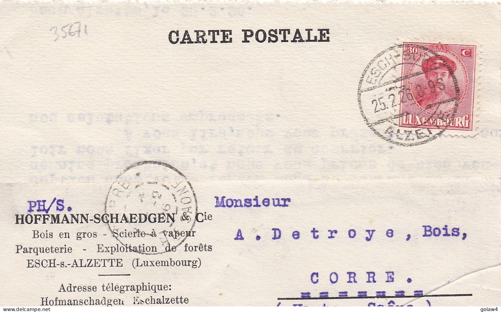 35671# GRANDE DUCHESSE CHARLOTTE CARTE POSTALE HOFFMANN SHAEDGEN Obl ESCH SUR ALZETTE 1926 Pour CORRE HAUTE SAONE - Covers & Documents