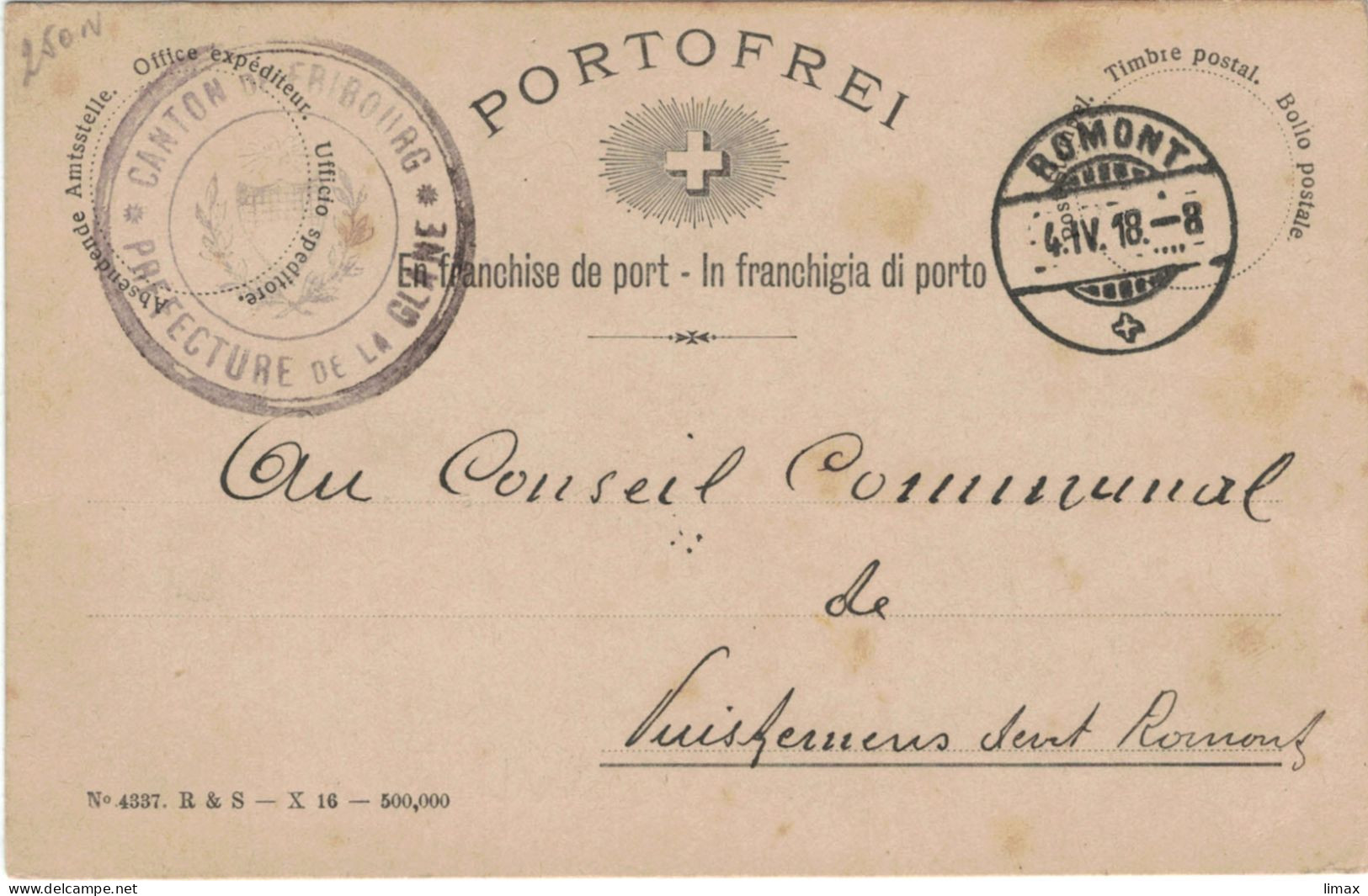 Ganzsache Dienst Canton De Fribourg Pref. De La Glane Romont 1918 > Conseil Comm. - Portofrei - Portofreiheit