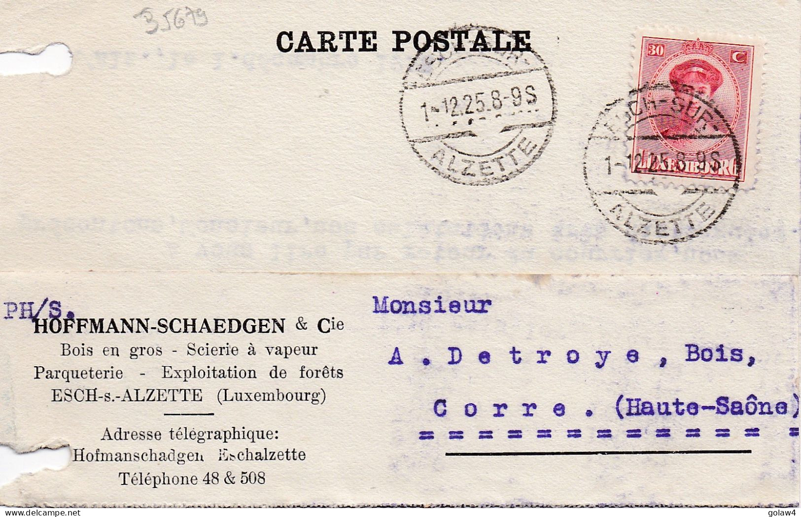 35679# GRANDE DUCHESSE CHARLOTTE CARTE POSTALE HOFFMANN SHAEDGEN Obl ESCH SUR ALZETTE 1925 Pour CORRE HAUTE SAONE - Covers & Documents