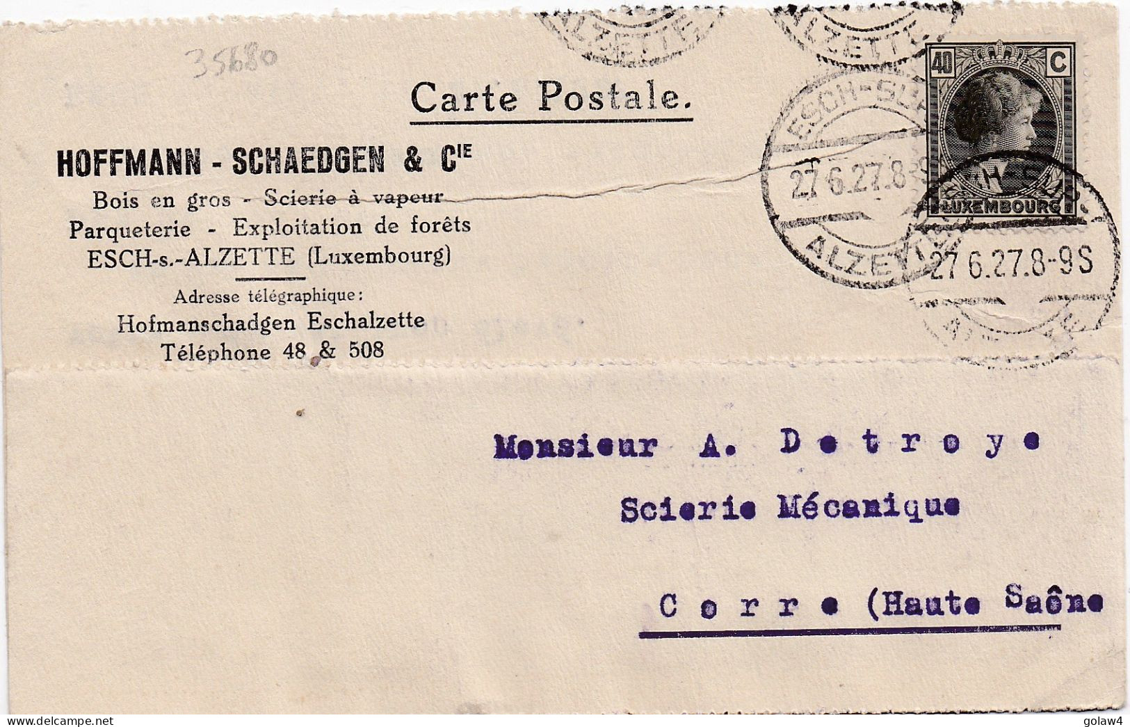 35680# GRANDE DUCHESSE CHARLOTTE CARTE POSTALE HOFFMANN SHAEDGEN Obl ESCH SUR ALZETTE 1927 Pour CORRE HAUTE SAONE - Cartas & Documentos