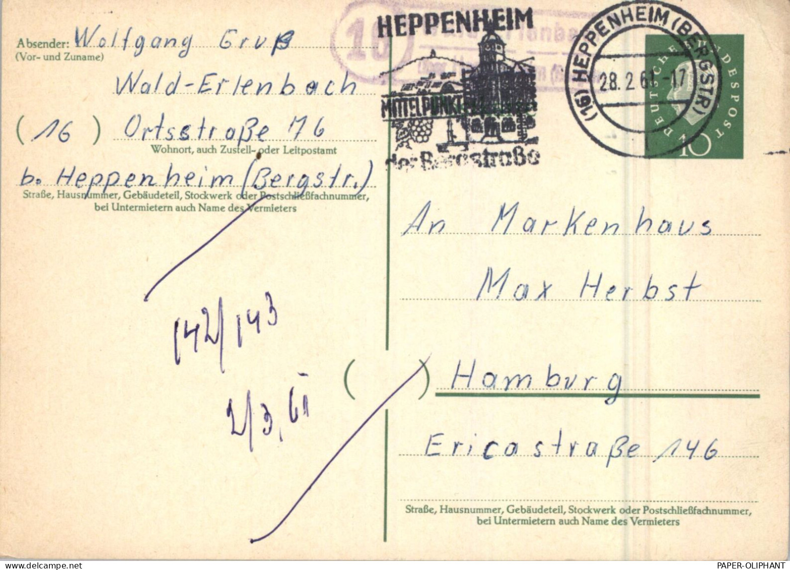 6148 HEPPENHEIM, Postgeschichte, Landpoststempel Wald-erlenbach über Heppenheim, 1961 - Heppenheim