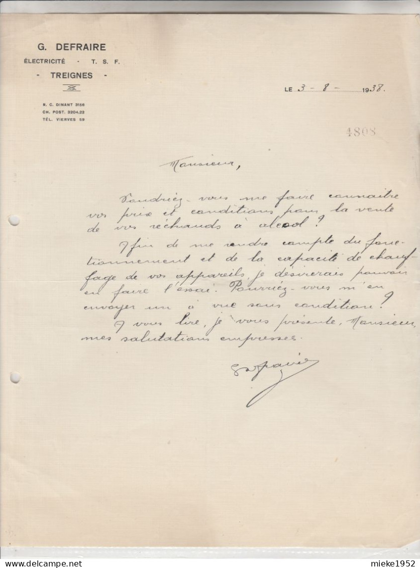 Treignes , Facture De 1938 : G Defraire  , électricité  TSF  ,( Viroinval ) - Viroinval