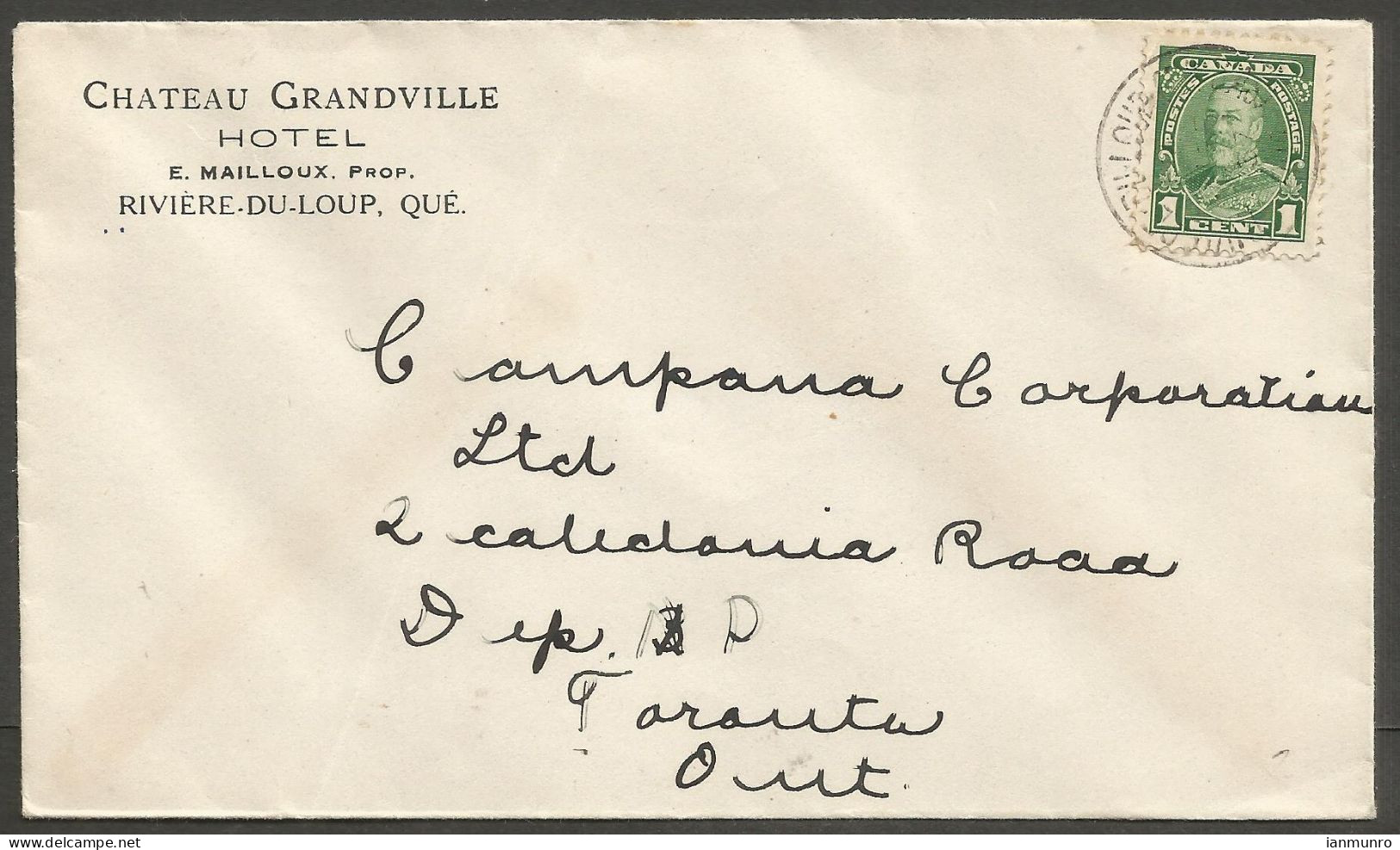 1937 Chateau Grandville Hotel Advertising Cover 1c CDS Riviere Du Loup PQ Quebec - Postgeschichte