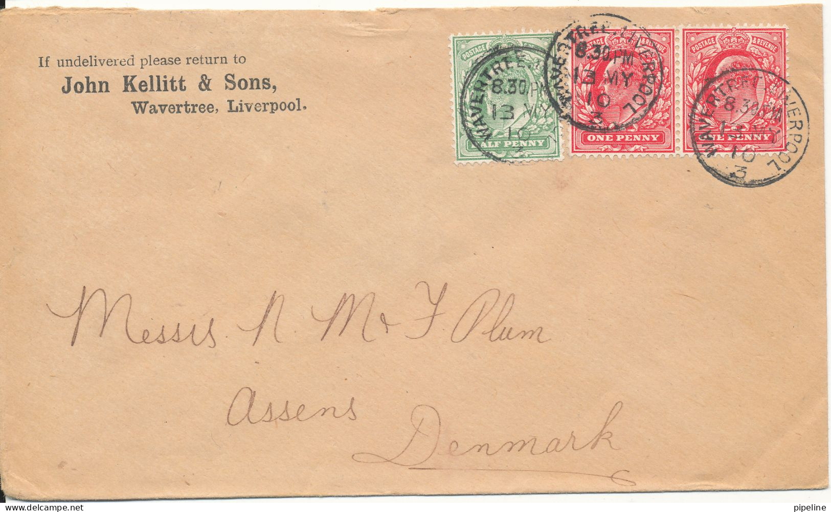 Great Britain Cover Sent To Denmark Wavertre Liverpool 131-5-1910 John Kellitt & Sons Wavertree - Non Classificati