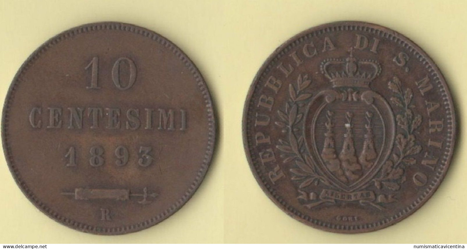 San Marino 10 Centesimi 1893 Saint Marin 10 Cents 1893     ∇ 8 - Saint-Marin