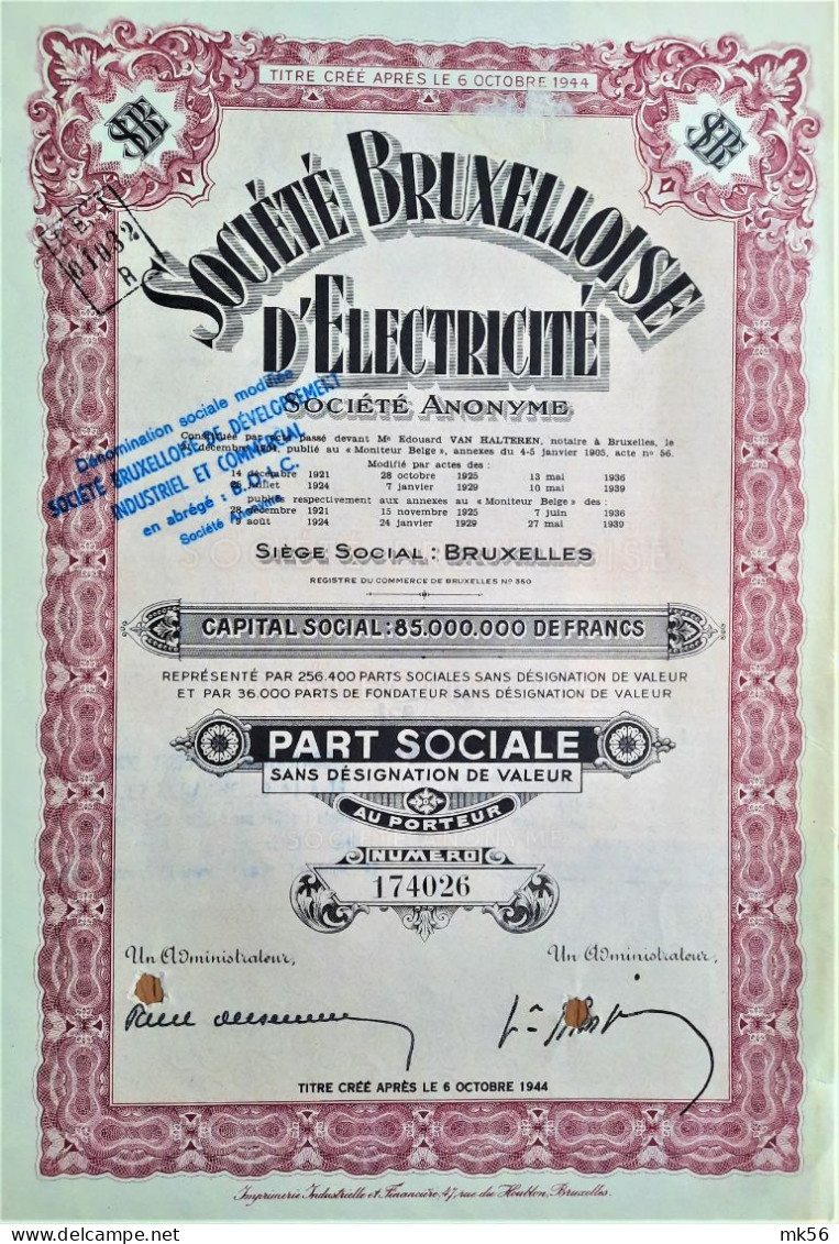 Société Bruxellloise  D'Electricité - Part Sociale - 1939 - Elettricità & Gas