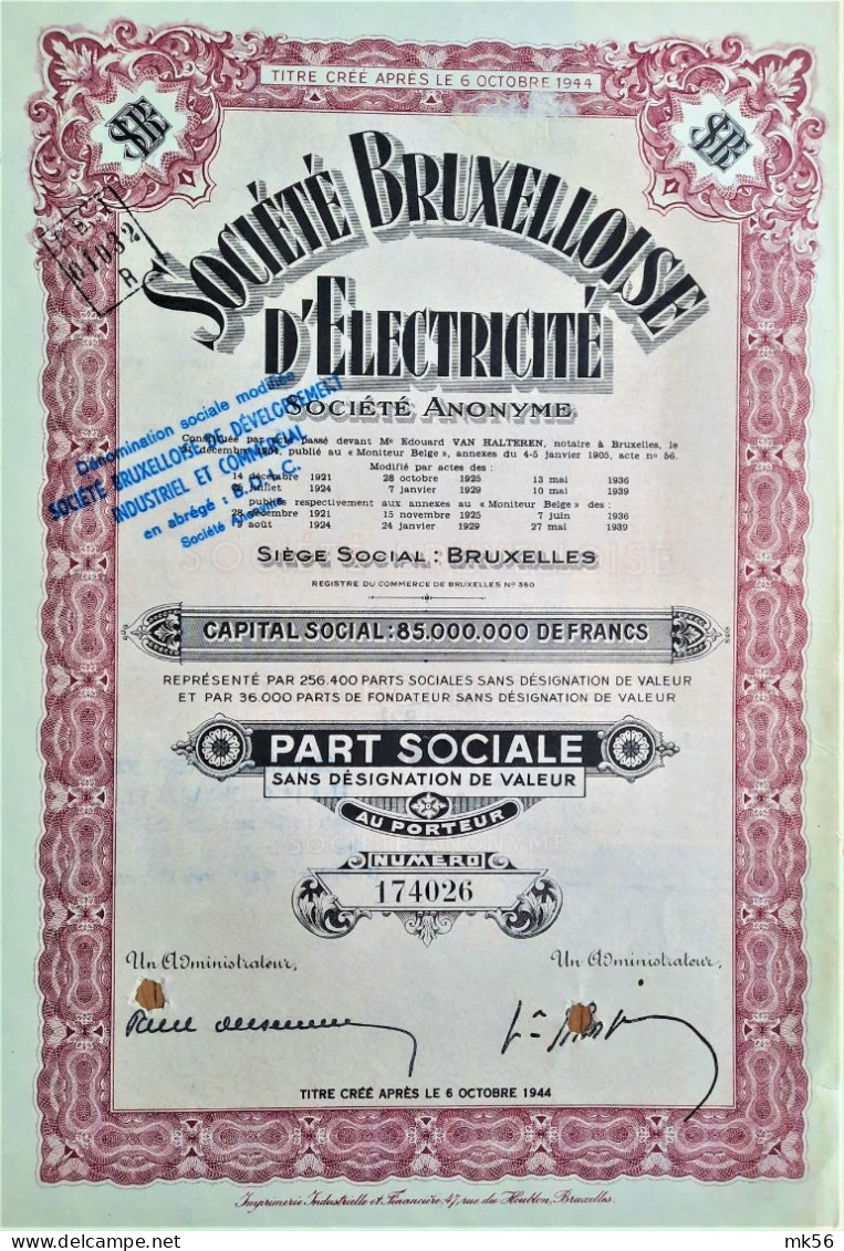 Société Bruxellloise  D'Electricité - Part Sociale - 1939 - Electricité & Gaz