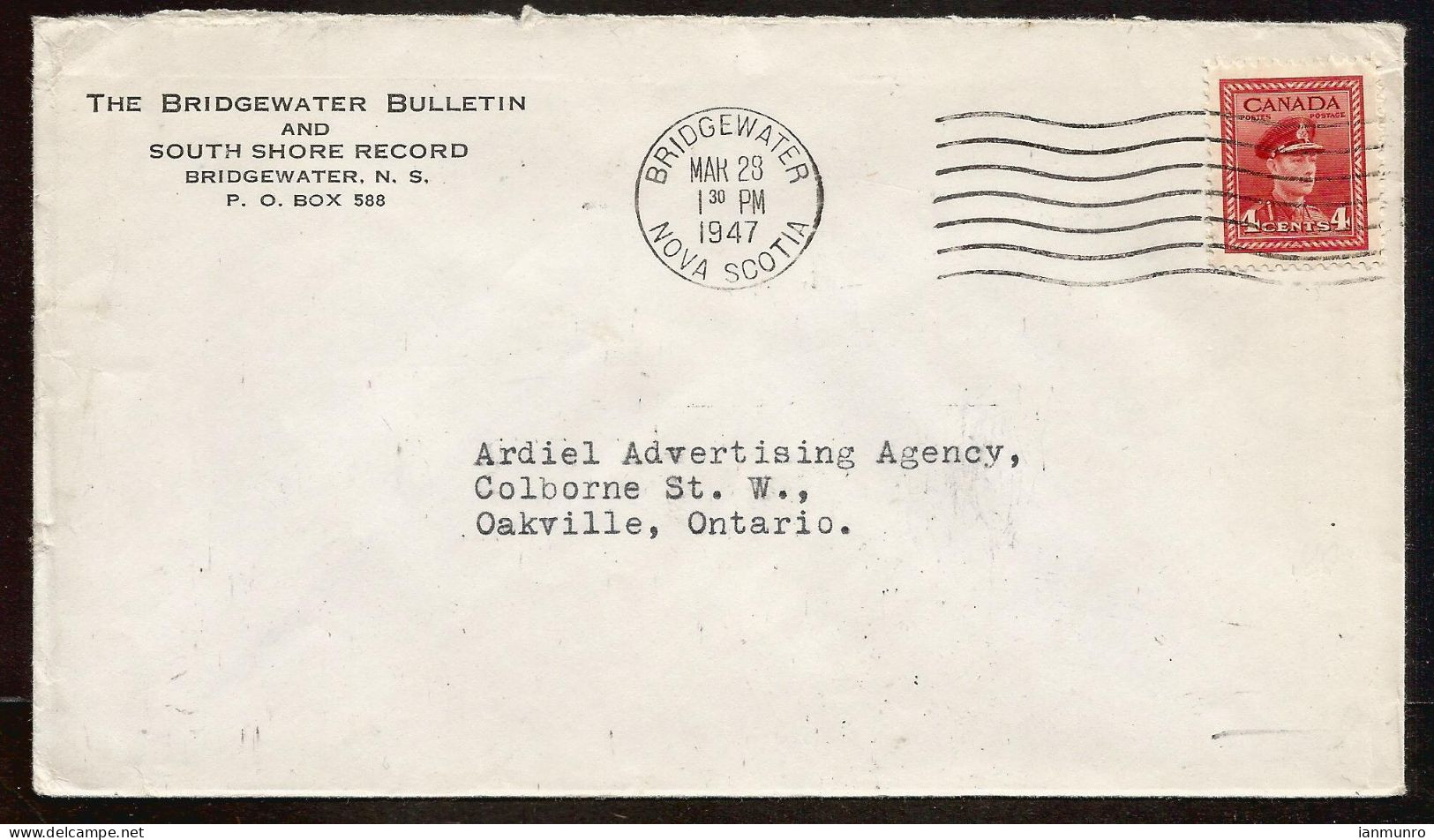 1947 Newspaper Corner Card Cover 4c Bridgewater Nova Scotia NS Bulletin/South Shore Record - Storia Postale